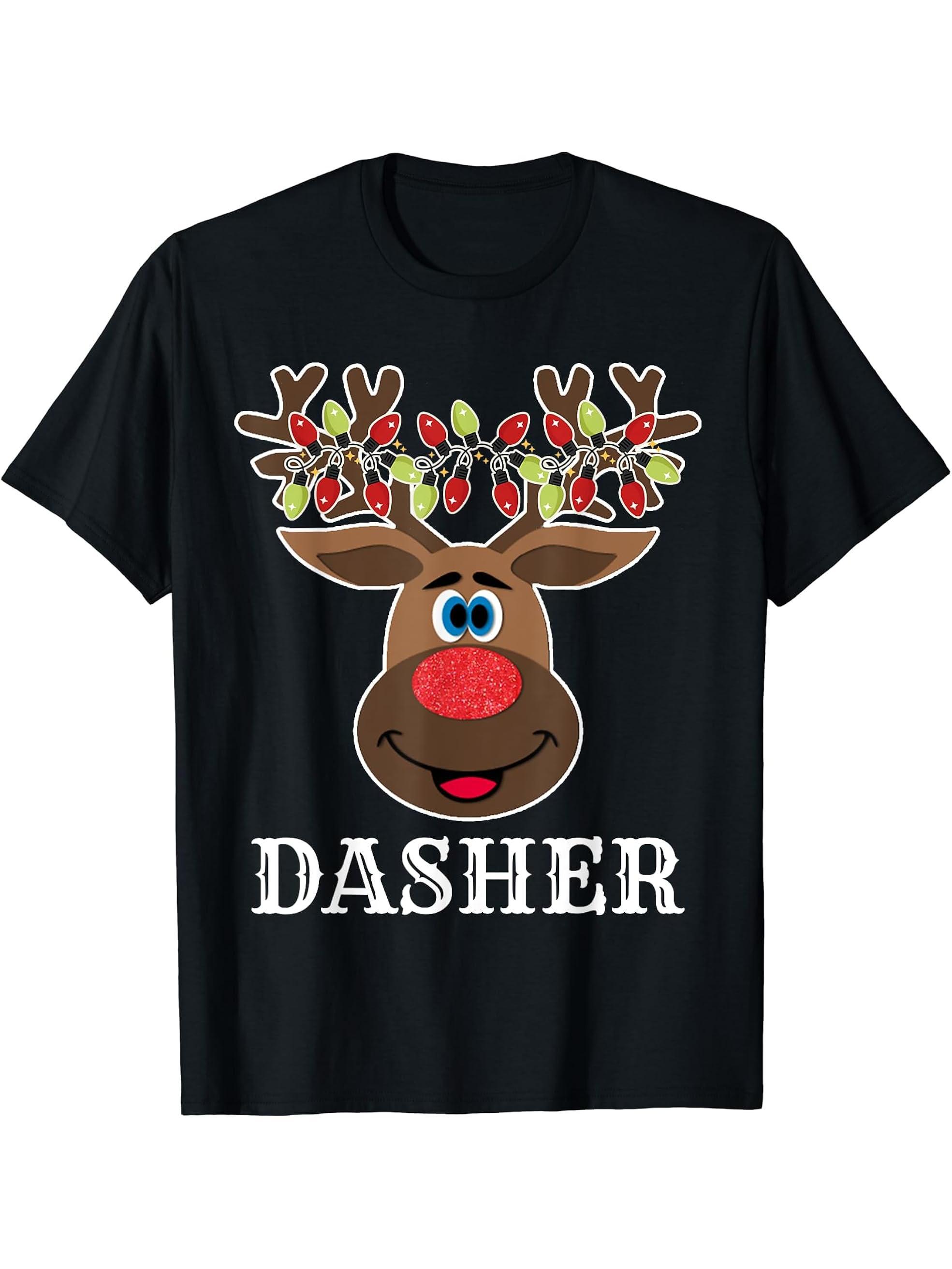 Santa Reindeer Dasher Xmas Group Costume T-Shirt 180G 100% Cotton Printed Round Neck Short-Sleeve T-Shirt, Gifts for Men Dad Husband Grandpa, S-XXXL, Black
