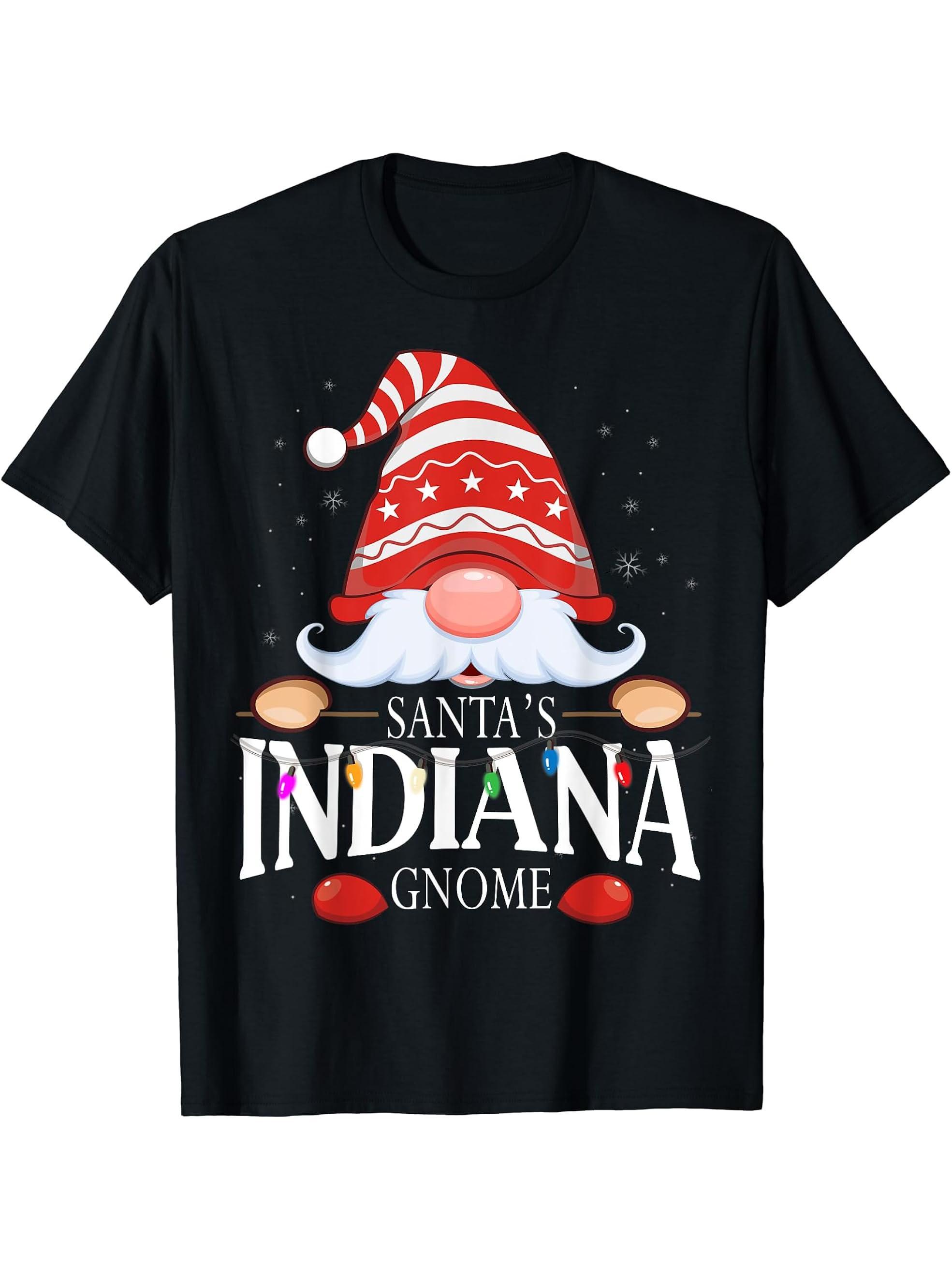 Santa's Indiana Gnome Matching Christmas Pajama T-Shirt 180G 100% Cotton Printed Round Neck Short-Sleeve T-Shirt, Gifts for Men Dad Husband Grandpa, S-XXXL, Black