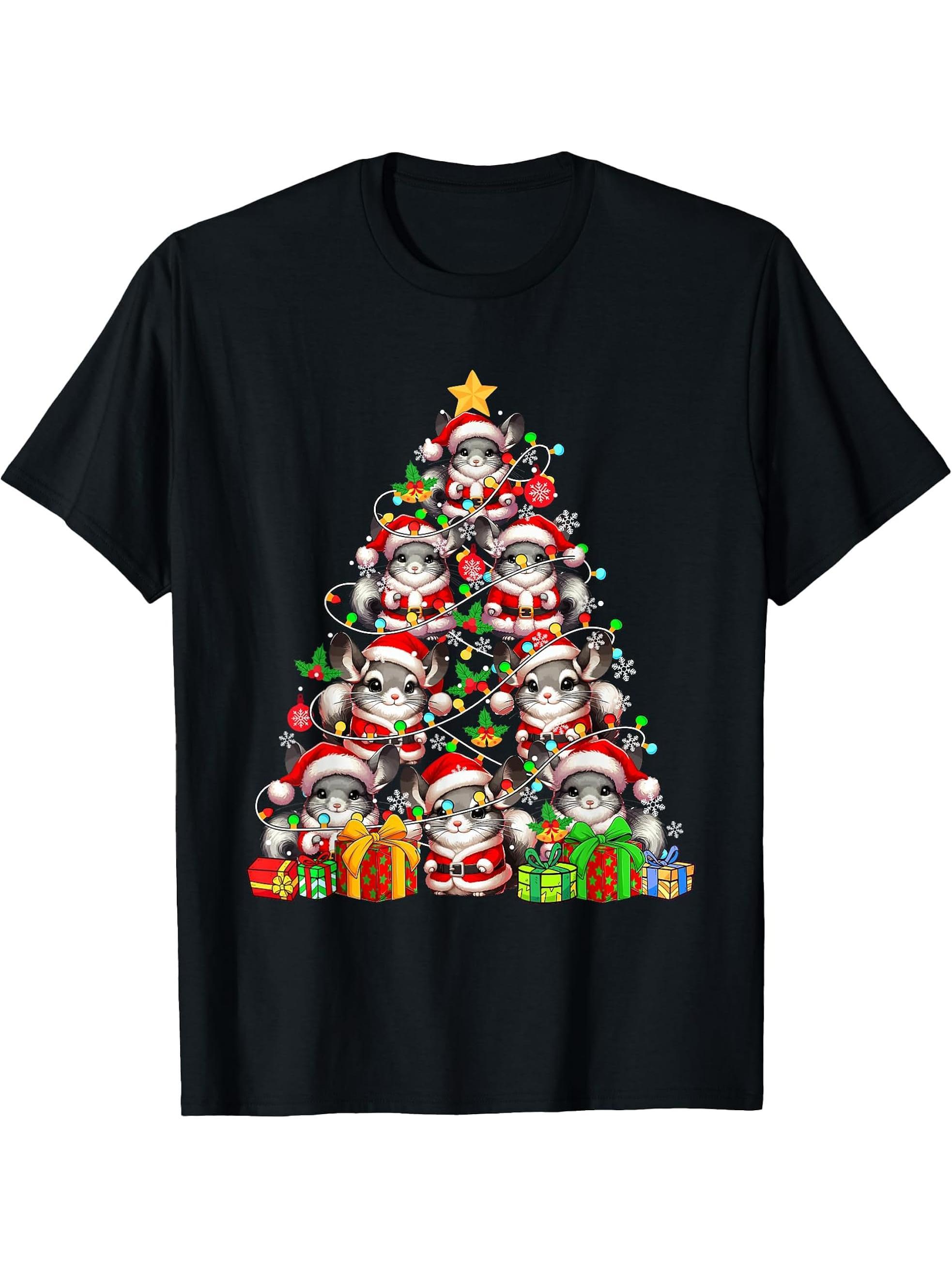 Group Santa Chinchillas As Christmas Tree Rodent Lover Boy Girl T-Shirt 180G 100% Cotton Printed Round Neck Short-Sleeve T-Shirt, Gifts for Men Dad Husband Grandpa, S-XXXL, Black