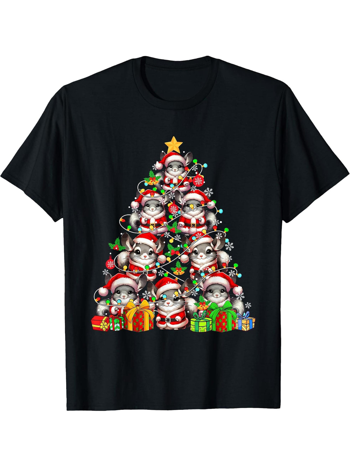 Group Santa Chinchillas As Christmas Tree Rodent Lover Boy Girl T-Shirt 180G 100% Cotton Printed Round Neck Short-Sleeve T-Shirt, Gifts for Men Dad Husband Grandpa, S-XXXL, Black