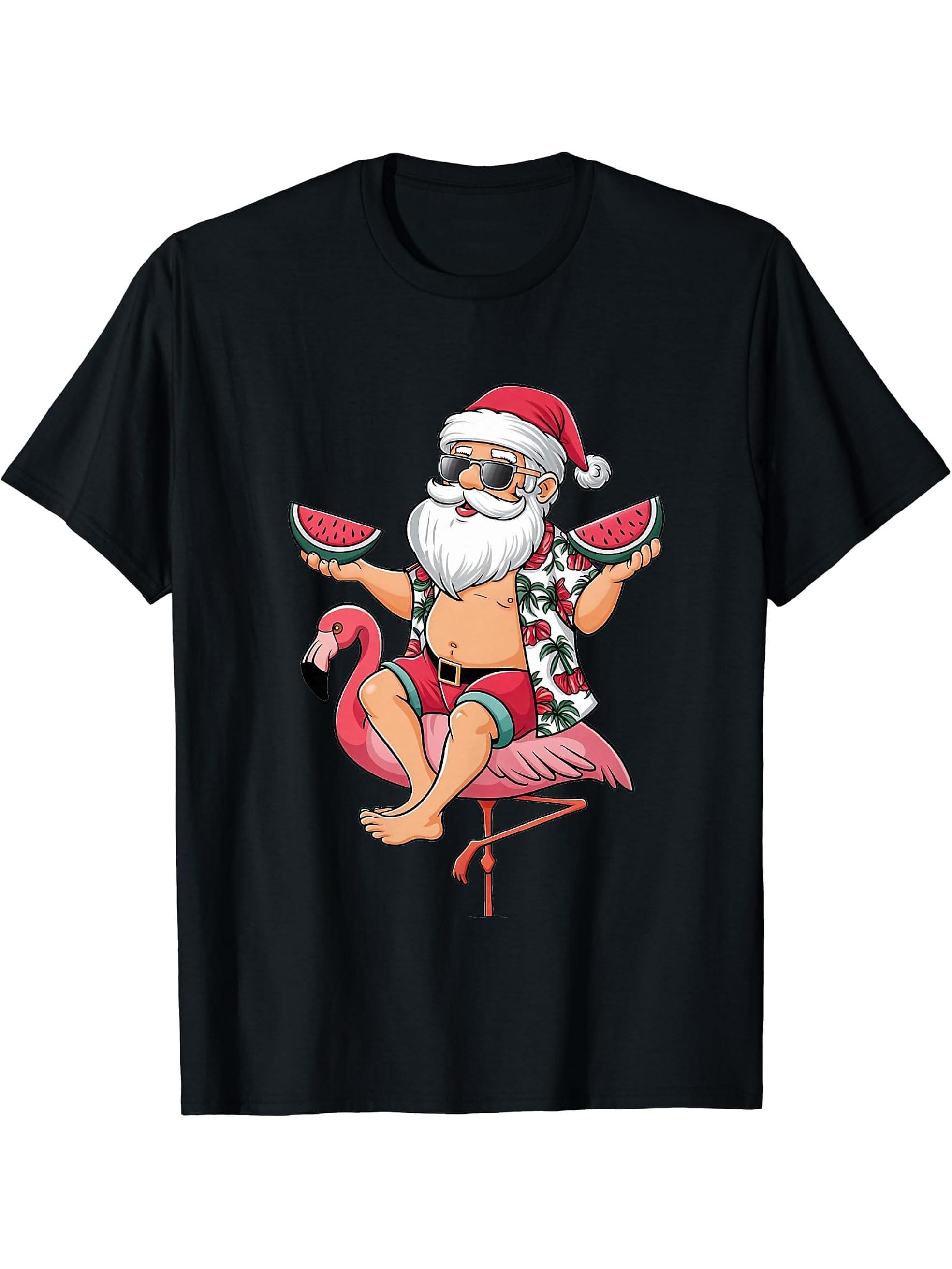 Santa Flamingo Floatie Christmas In July Watermelon Summer T-Shirt 180G 100% Cotton Printed Round Neck Short-Sleeve T-Shirt, Gifts for Men Dad Husband Grandpa, S-XXXL, Black