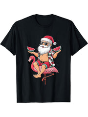 Santa Flamingo Floatie Christmas In July Watermelon Summer T-Shirt 180G 100% Cotton Printed Round Neck Short-Sleeve T-Shirt, Gifts for Men Dad Husband Grandpa, S-XXXL, Black