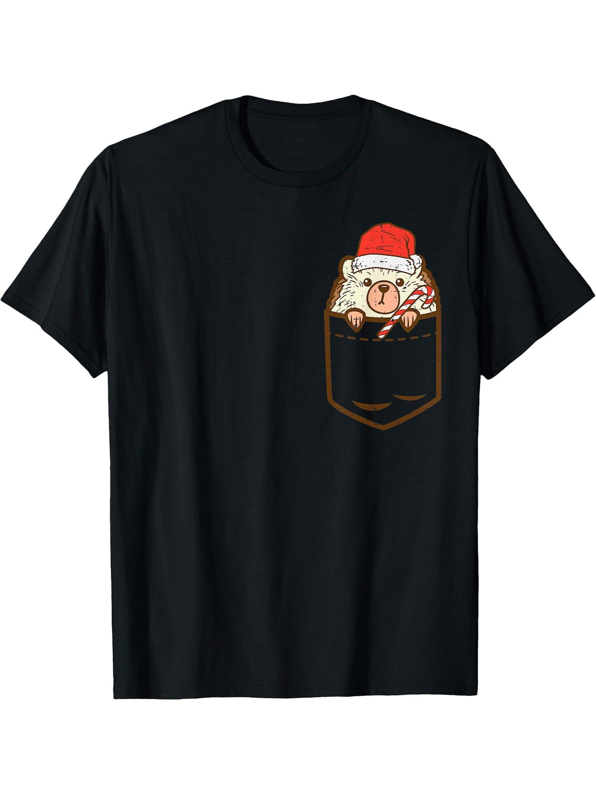 Pocket Hedgehog Santa Cute Animal Christmas Xmas Men Women T-Shirt 180G 100% Cotton Printed Round Neck Short-Sleeve T-Shirt, Gifts for Men Dad Husband Grandpa, S-XXXL, Black
