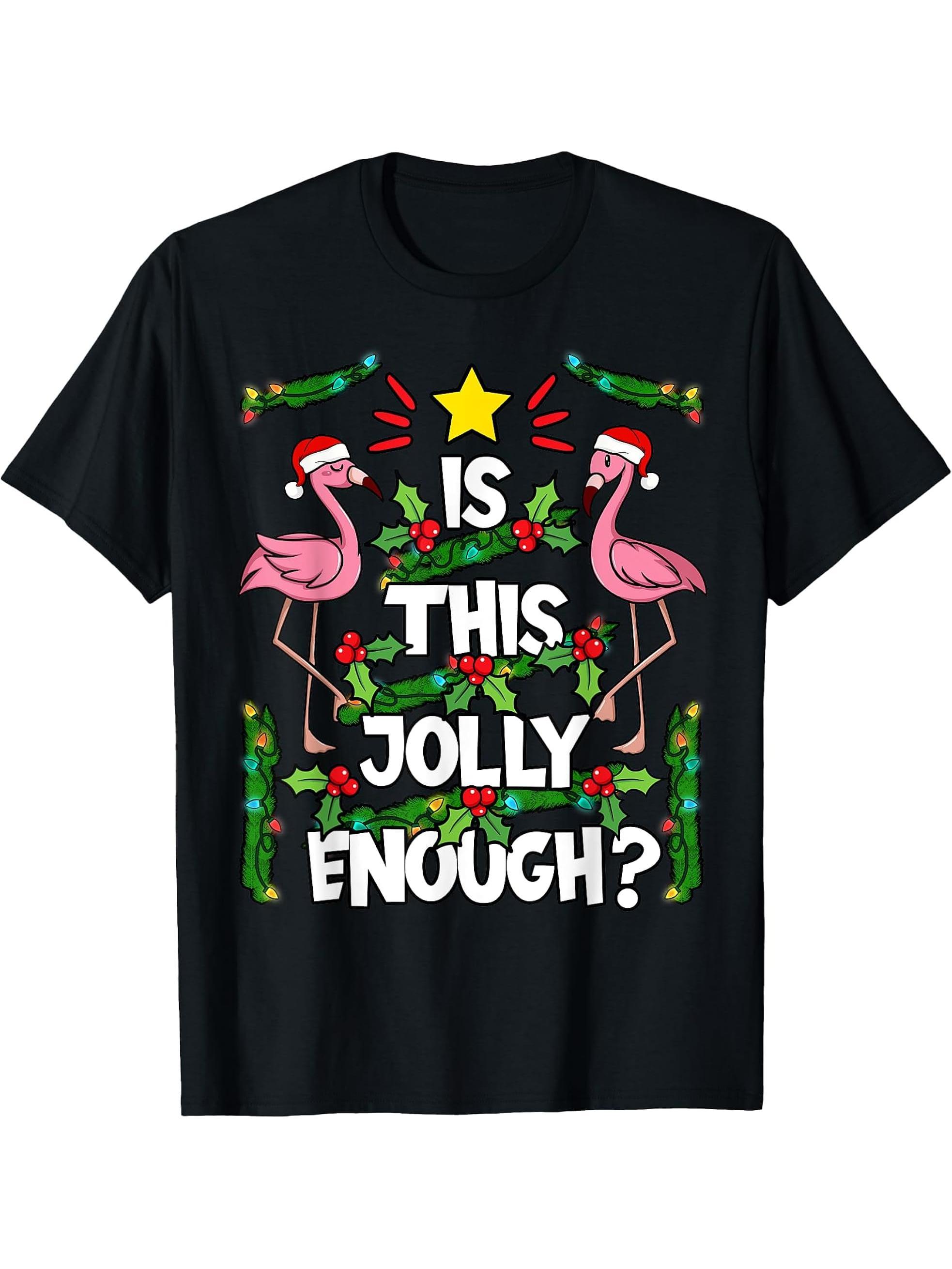 Christmas Tree Pink Flamingo Holiday Santa Hat Xmas T-Shirt 180G 100% Cotton Printed Round Neck Short-Sleeve T-Shirt, Gifts for Men Dad Husband Grandpa, S-XXXL, Black