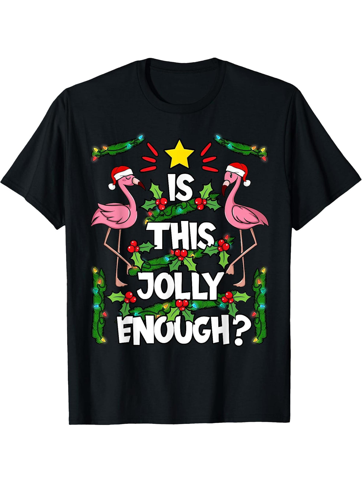 Christmas Tree Pink Flamingo Holiday Santa Hat Xmas T-Shirt 180G 100% Cotton Printed Round Neck Short-Sleeve T-Shirt, Gifts for Men Dad Husband Grandpa, S-XXXL, Black