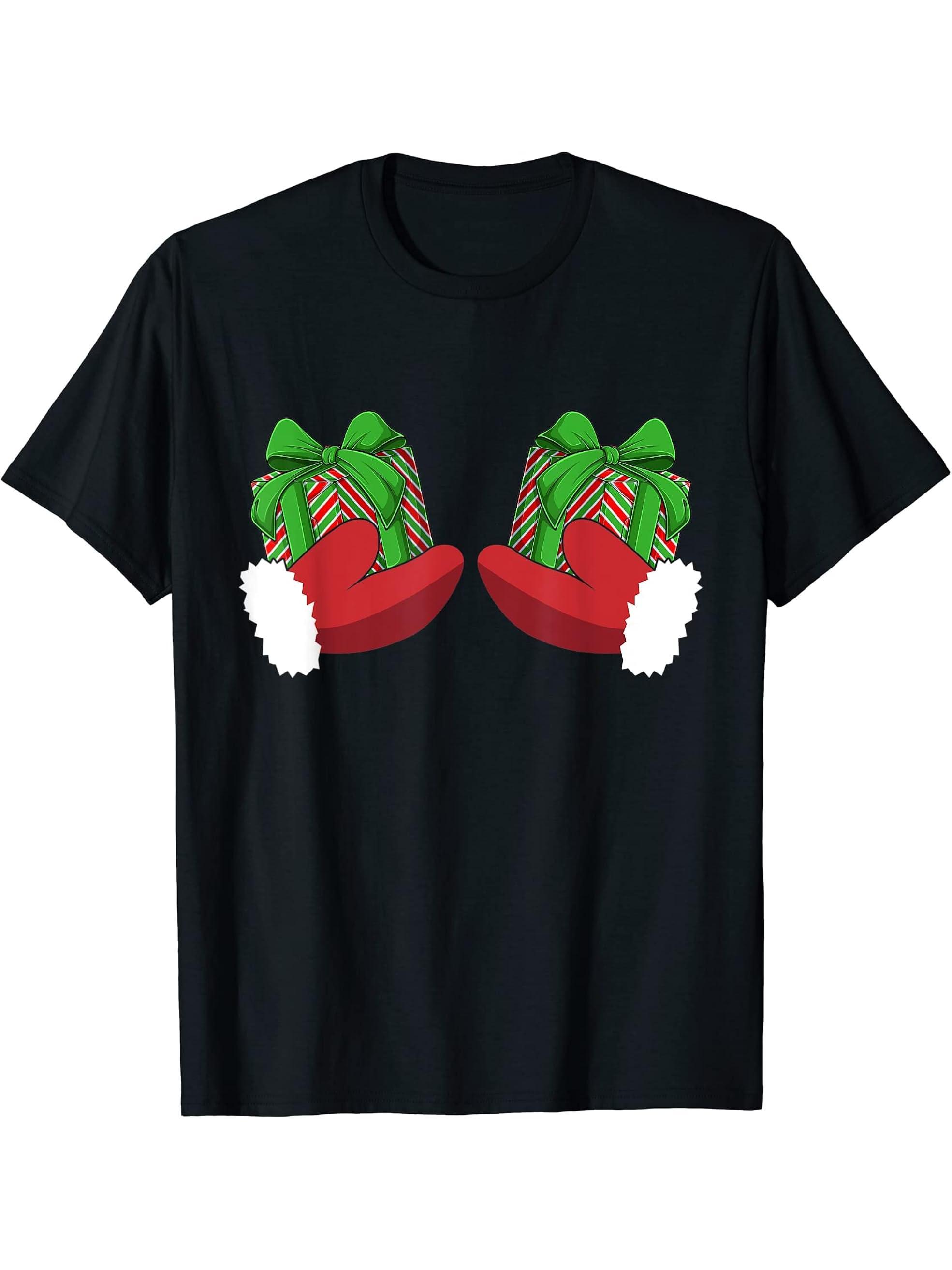Christmas Boobs Santa Hands Holding Gifts Hand Bra Adult T-Shirt 180G 100% Cotton Printed Round Neck Short-Sleeve T-Shirt, Gifts for Men Dad Husband Grandpa, S-XXXL, Black