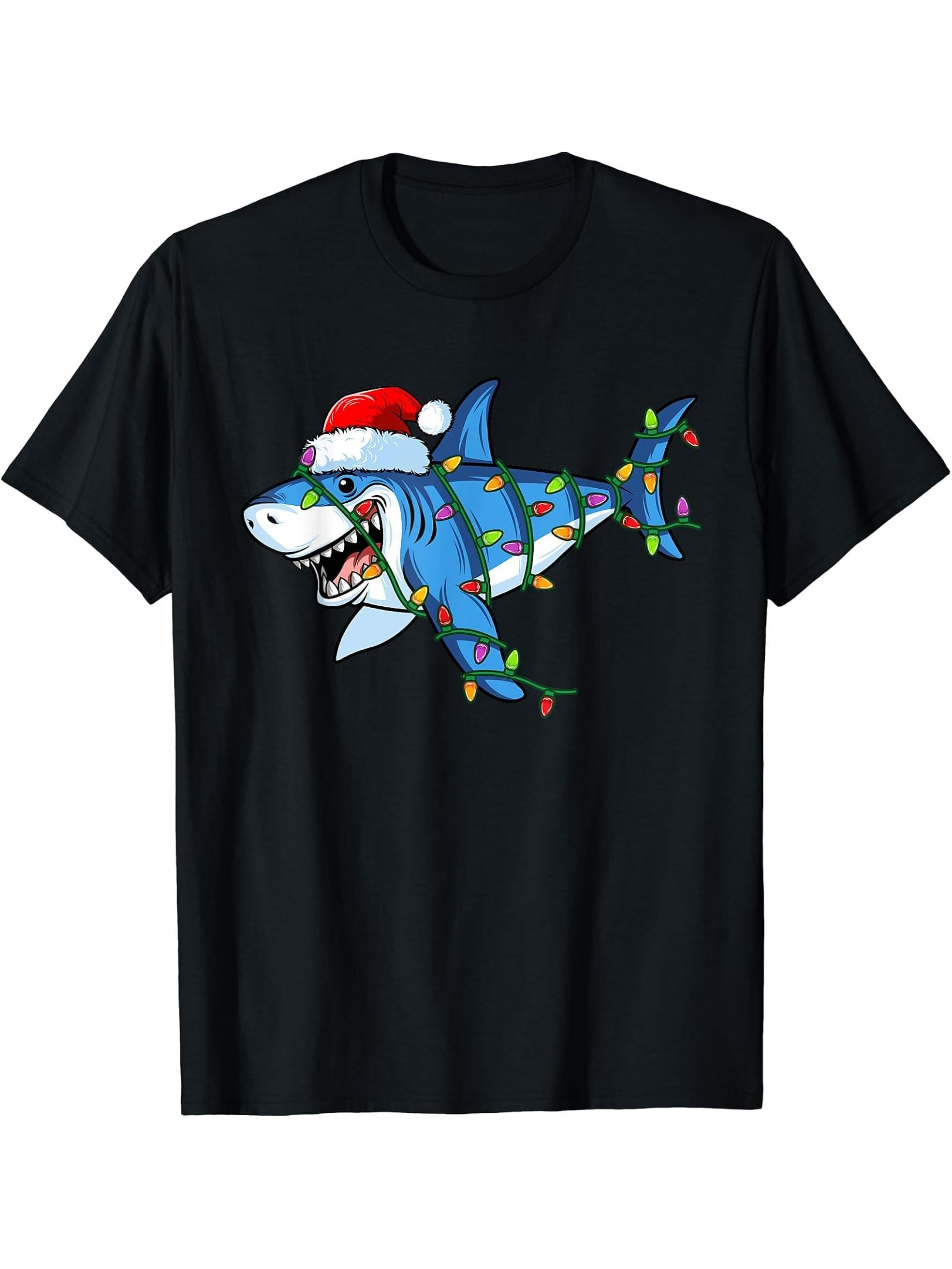 Sharkmas Santa Hat Christmas Tree Shark Xmas Lights For Boys T-Shirt 180G 100% Cotton Printed Round Neck Short-Sleeve T-Shirt, Gifts for Men Dad Husband Grandpa, S-XXXL, Black