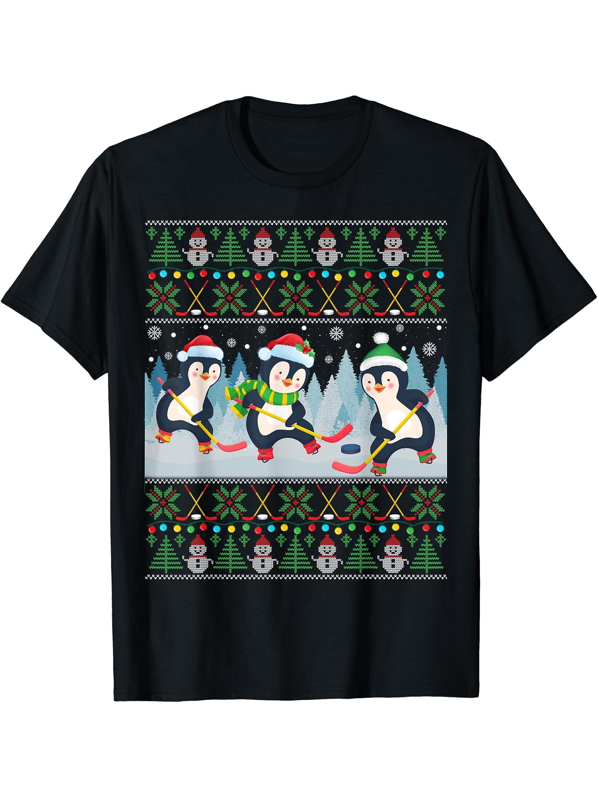 Penguin Playing Hockey Ugly Christmas Sweater Penguin Santa T-Shirt 180G 100% Cotton Printed Round Neck Short-Sleeve T-Shirt, Gifts for Men Dad Husband Grandpa, S-XXXL, Black