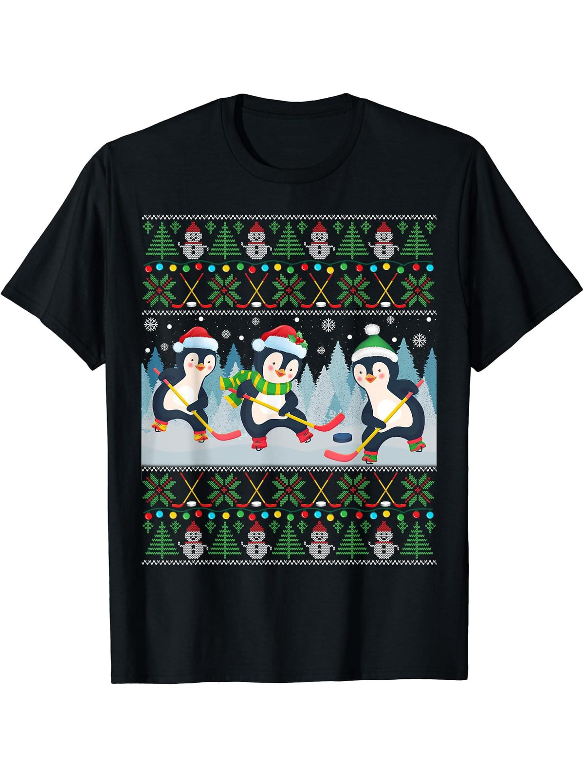 Penguin Playing Hockey Ugly Christmas Sweater Penguin Santa T-Shirt 180G 100% Cotton Printed Round Neck Short-Sleeve T-Shirt, Gifts for Men Dad Husband Grandpa, S-XXXL, Black