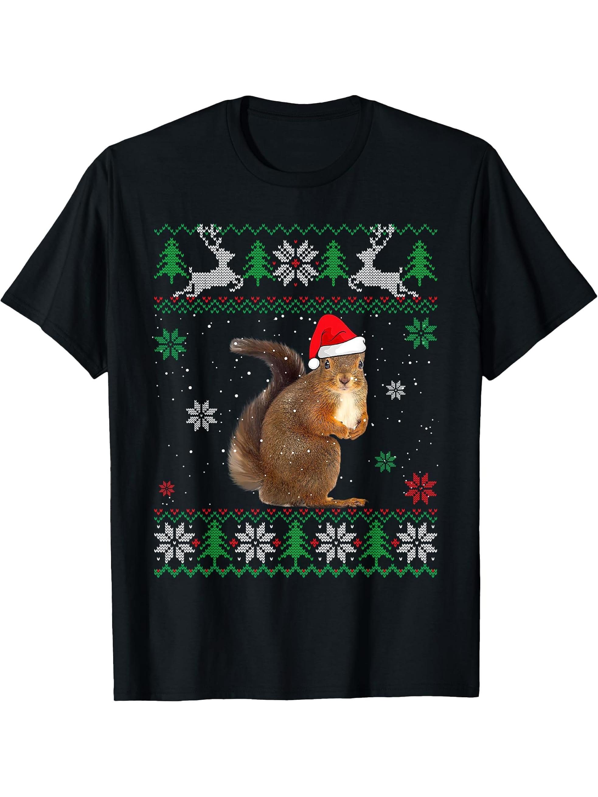 Ugly Sweater Christmas Squirrel Lover Santa Hat Animals T-Shirt 180G 100% Cotton Printed Round Neck Short-Sleeve T-Shirt, Gifts for Men Dad Husband Grandpa, S-XXXL, Black