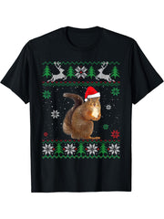 Ugly Sweater Christmas Squirrel Lover Santa Hat Animals T-Shirt 180G 100% Cotton Printed Round Neck Short-Sleeve T-Shirt, Gifts for Men Dad Husband Grandpa, S-XXXL, Black