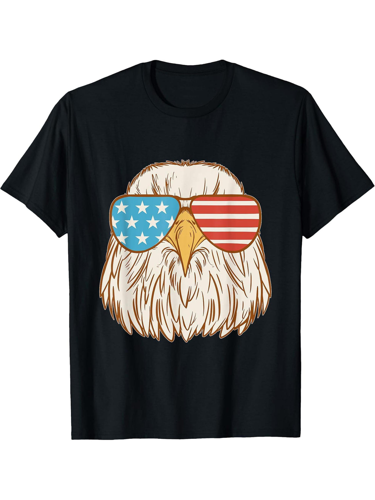 Bald Eagle with Sunglasses Funny USA Flag Patriotic July 4th T-Shirt 180G 100% Cotton Printed Round Neck Short-Sleeve T-Shirt, Gifts for Men Dad Husband Grandpa, S-XXXL, Black