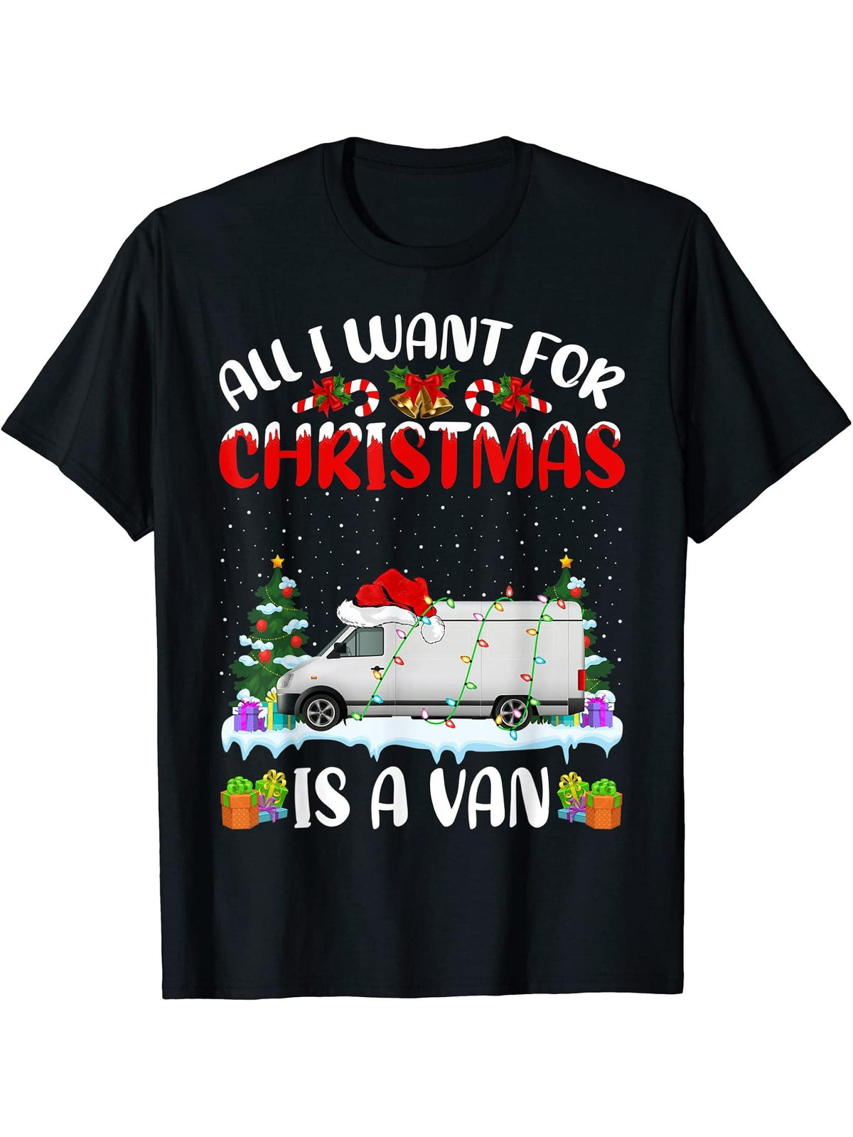 Xmas Santa Hat All I Want For Christmas Is A Camper Van T-Shirt 180G 100% Cotton Printed Round Neck Short-Sleeve T-Shirt, Gifts for Men Dad Husband Grandpa, S-XXXL, Black