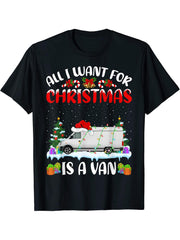 Xmas Santa Hat All I Want For Christmas Is A Camper Van T-Shirt 180G 100% Cotton Printed Round Neck Short-Sleeve T-Shirt, Gifts for Men Dad Husband Grandpa, S-XXXL, Black