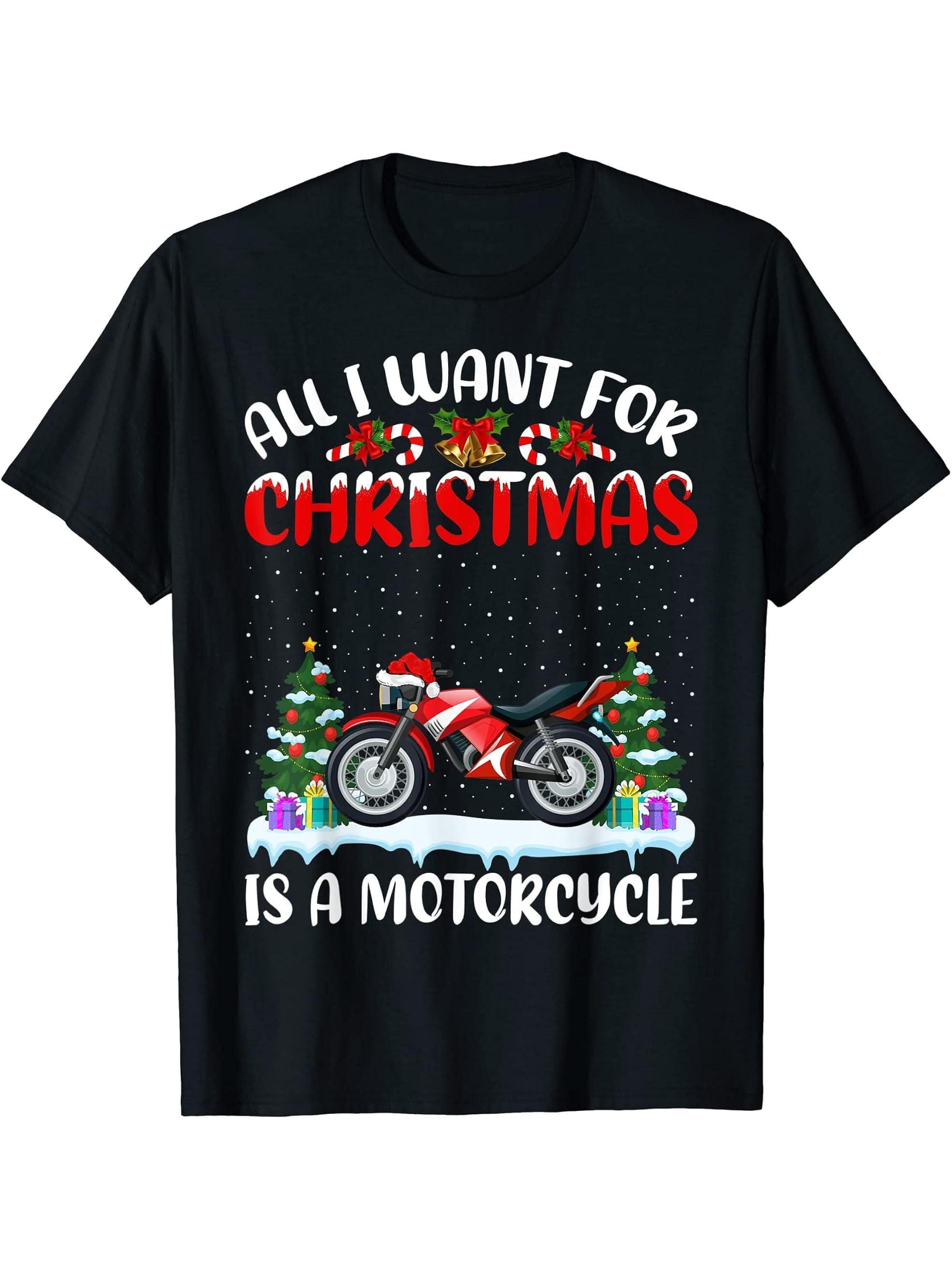 Funny Santa Hat All I Want For Christmas Is A Motorcycle T-Shirt 180G 100% Cotton Printed Round Neck Short-Sleeve T-Shirt, Gifts for Men Dad Husband Grandpa, S-XXXL, Black