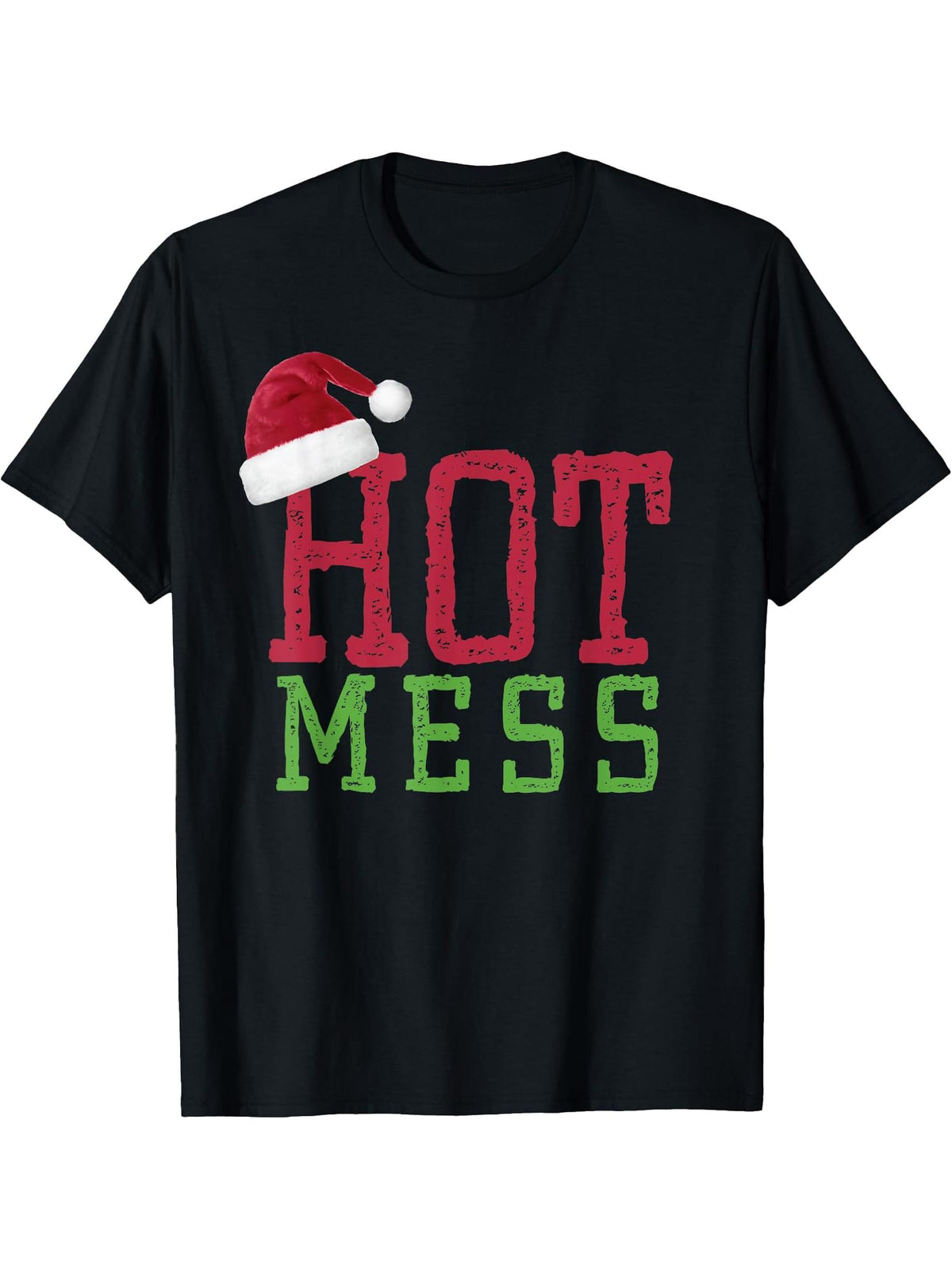 Santa Hat Hot Mess T-Shirt 180G 100% Cotton Printed Round Neck Short-Sleeve T-Shirt, Gifts for Men Dad Husband Grandpa, S-XXXL, Black