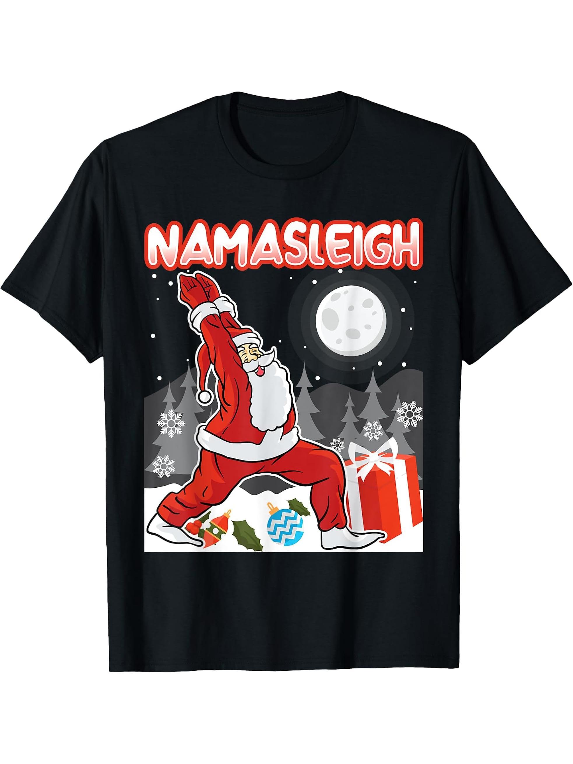 Namasleigh Meditating Santa Claus Yoga Christmas Meditation T-Shirt 180G 100% Cotton Printed Round Neck Short-Sleeve T-Shirt, Gifts for Men Dad Husband Grandpa, S-XXXL, Black