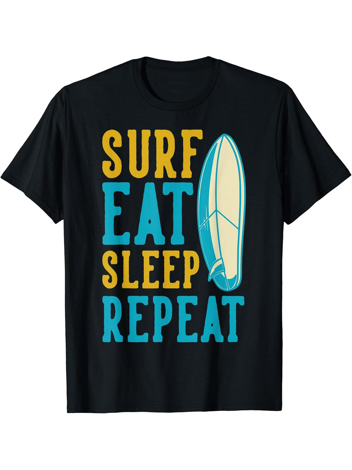 Surf Eat Sleep Repeat for Surfer and Surfers T-Shirt 180G 100% Cotton Printed Round Neck Short-Sleeve T-Shirt, Gifts for Men Dad Husband Grandpa, S-XXXL, Black
