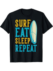 Surf Eat Sleep Repeat for Surfer and Surfers T-Shirt 180G 100% Cotton Printed Round Neck Short-Sleeve T-Shirt, Gifts for Men Dad Husband Grandpa, S-XXXL, Black