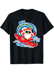 Mele Kalikimaka Hawaiian Christmas In July Surfing Santa T-Shirt 180G 100% Cotton Printed Round Neck Short-Sleeve T-Shirt, Gifts for Men Dad Husband Grandpa, S-XXXL, Black