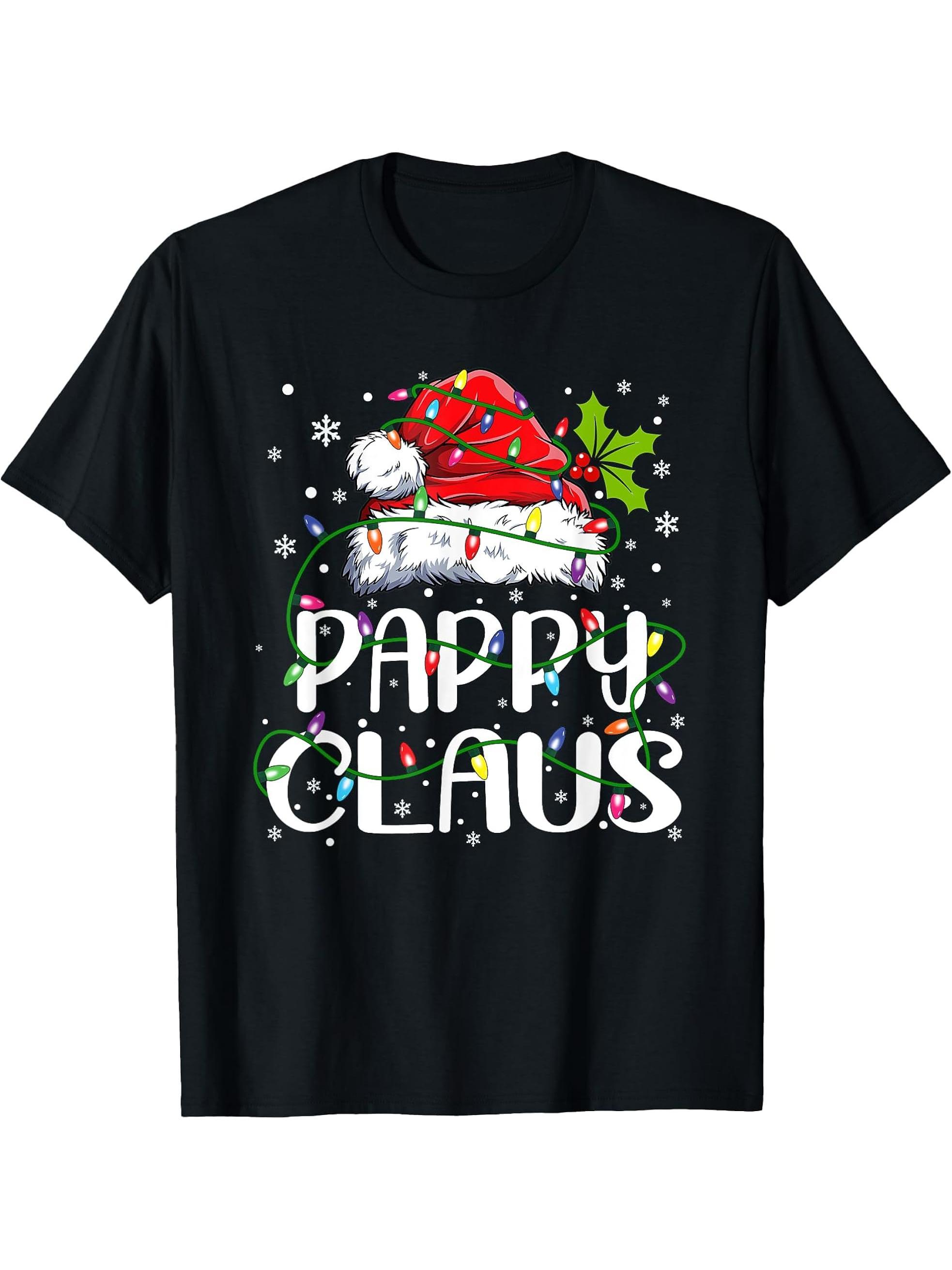 Pappy Claus Christmas Santa Hat Matching Family Xmas Lights T-Shirt 180G 100% Cotton Printed Round Neck Short-Sleeve T-Shirt, Gifts for Men Dad Husband Grandpa, S-XXXL, Black
