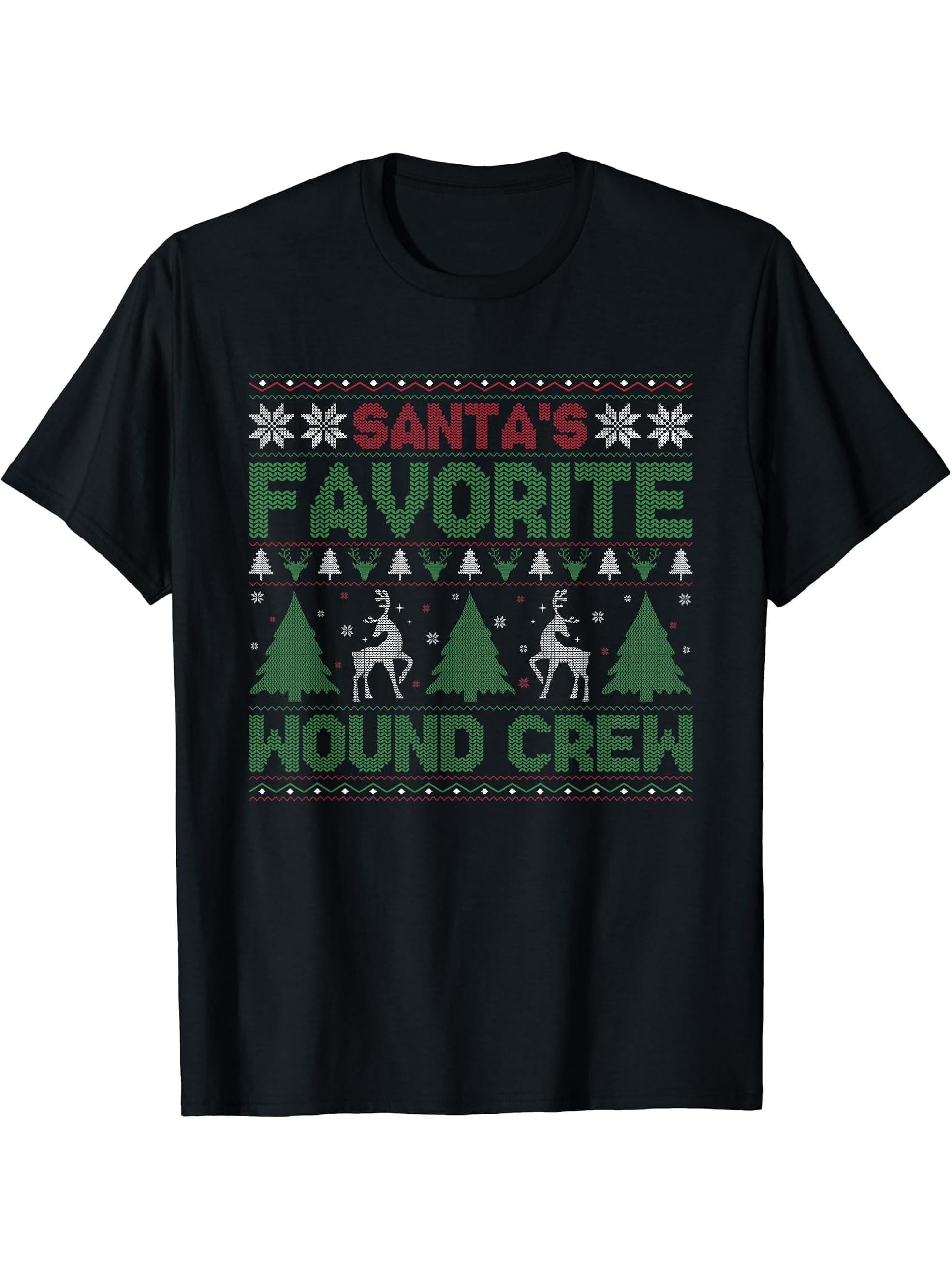 Santa's Favorite Wound Crew Ugly Christmas Sweater T-Shirt 180G 100% Cotton Printed Round Neck Short-Sleeve T-Shirt, Gifts for Men Dad Husband Grandpa, S-XXXL, Black