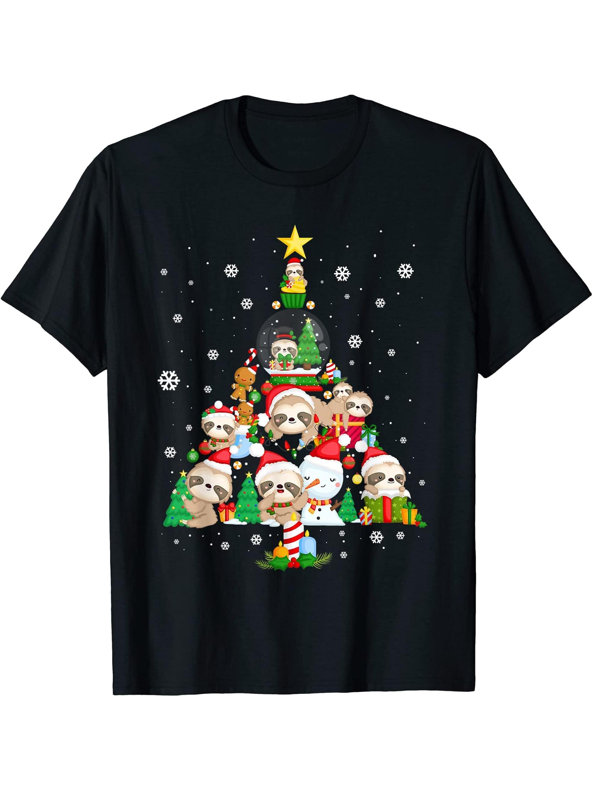 Sloth Christmas Tree Ornaments For Women Girls Boy Girl Cute T-Shirt 180G 100% Cotton Printed Round Neck Short-Sleeve T-Shirt, Gifts for Men Dad Husband Grandpa, S-XXXL, Black