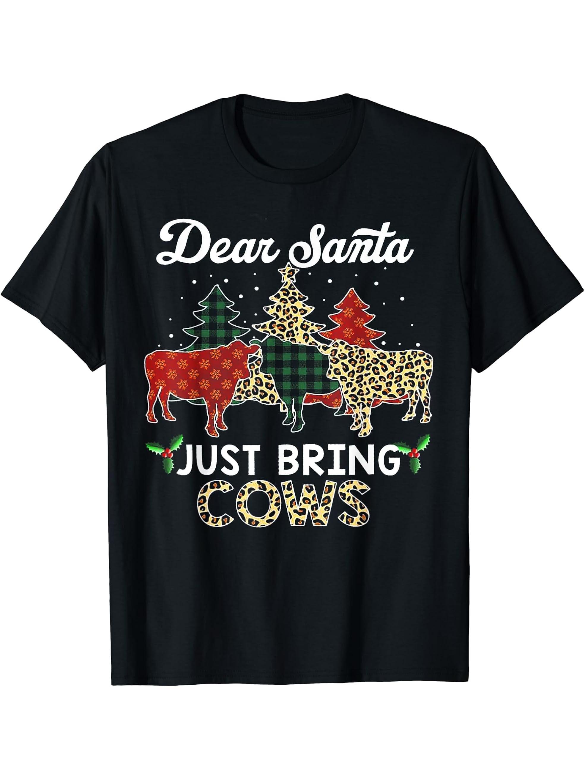 Dear Santa Just Bring Cows T-Shirt 180G 100% Cotton Printed Round Neck Short-Sleeve T-Shirt, Gifts for Men Dad Husband Grandpa, S-XXXL, Black