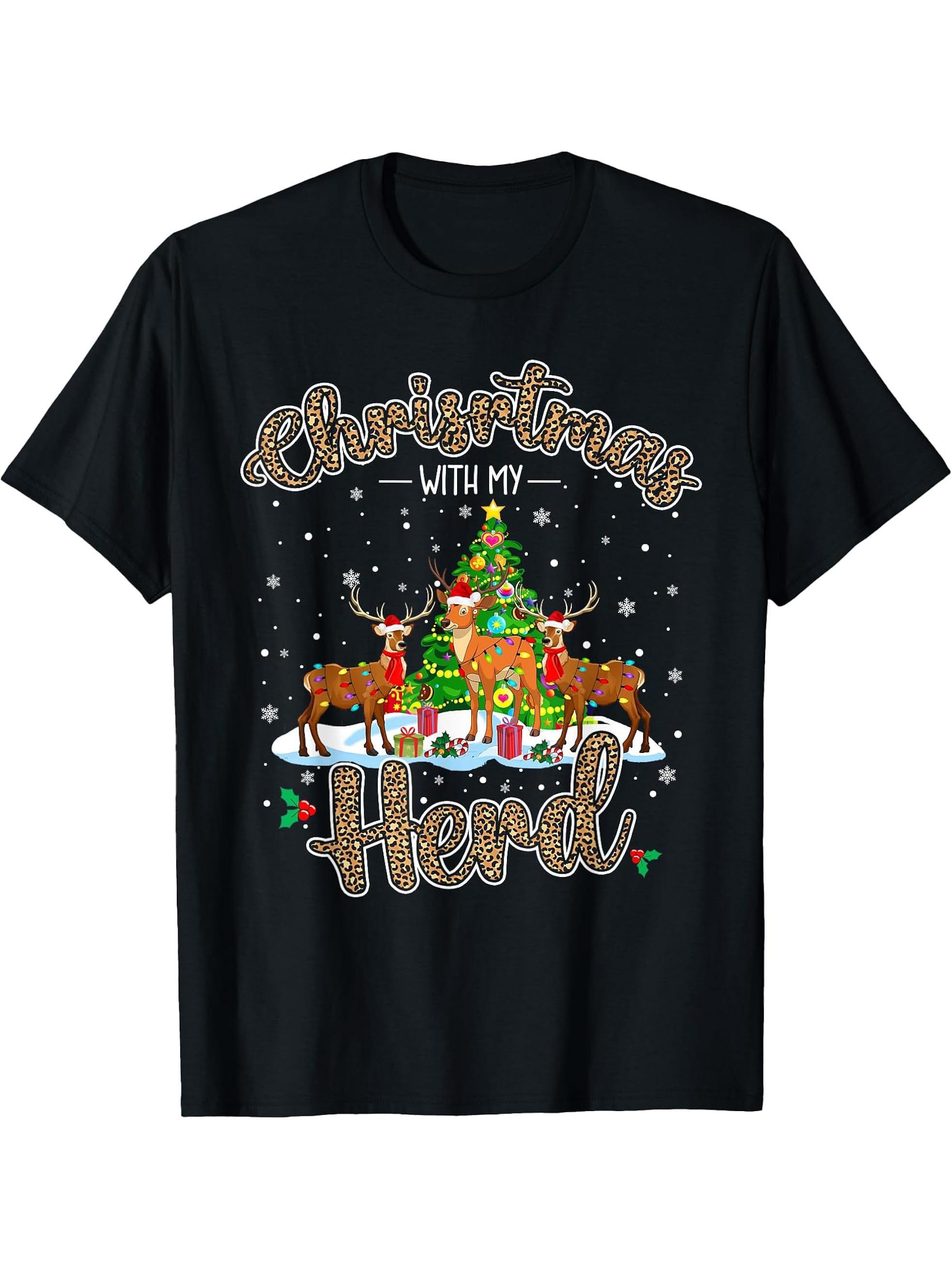 Christmas With My Herd Light Santa Reindeer Farmer Leopard T-Shirt 180G 100% Cotton Printed Round Neck Short-Sleeve T-Shirt, Gifts for Men Dad Husband Grandpa, S-XXXL, Black
