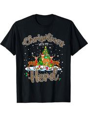Christmas With My Herd Light Santa Reindeer Farmer Leopard T-Shirt 180G 100% Cotton Printed Round Neck Short-Sleeve T-Shirt, Gifts for Men Dad Husband Grandpa, S-XXXL, Black