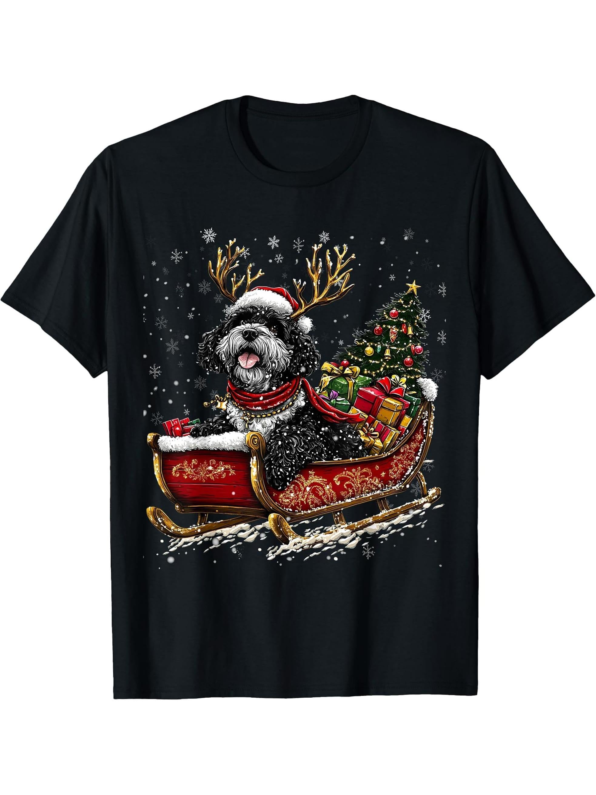 Santa Portuguese Water reindeer Light Christmas T-Shirt 180G 100% Cotton Printed Round Neck Short-Sleeve T-Shirt, Gifts for Men Dad Husband Grandpa, S-XXXL, Black