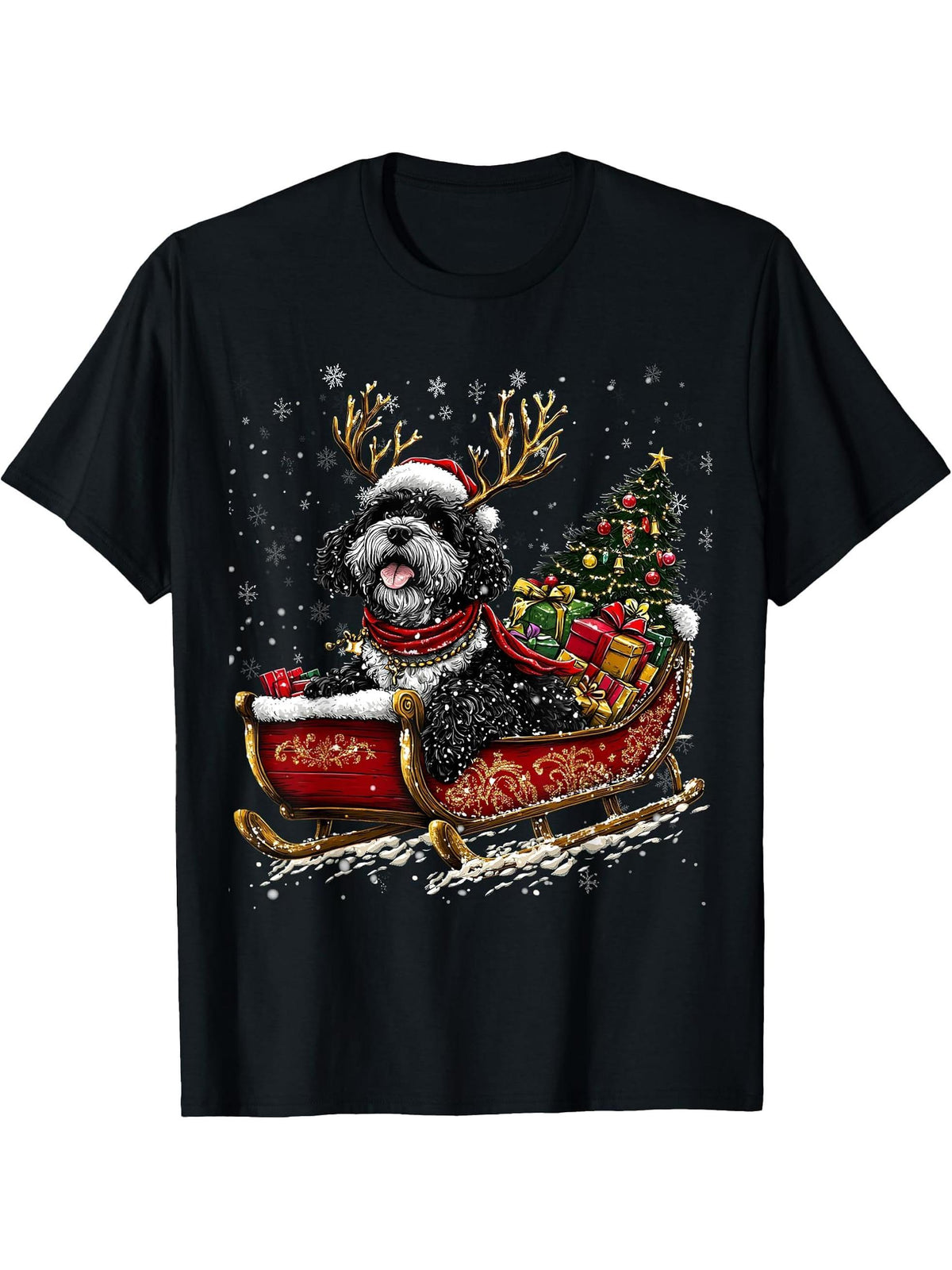 Santa Portuguese Water reindeer Light Christmas T-Shirt 180G 100% Cotton Printed Round Neck Short-Sleeve T-Shirt, Gifts for Men Dad Husband Grandpa, S-XXXL, Black