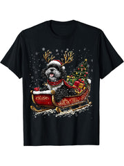Santa Portuguese Water reindeer Light Christmas T-Shirt 180G 100% Cotton Printed Round Neck Short-Sleeve T-Shirt, Gifts for Men Dad Husband Grandpa, S-XXXL, Black