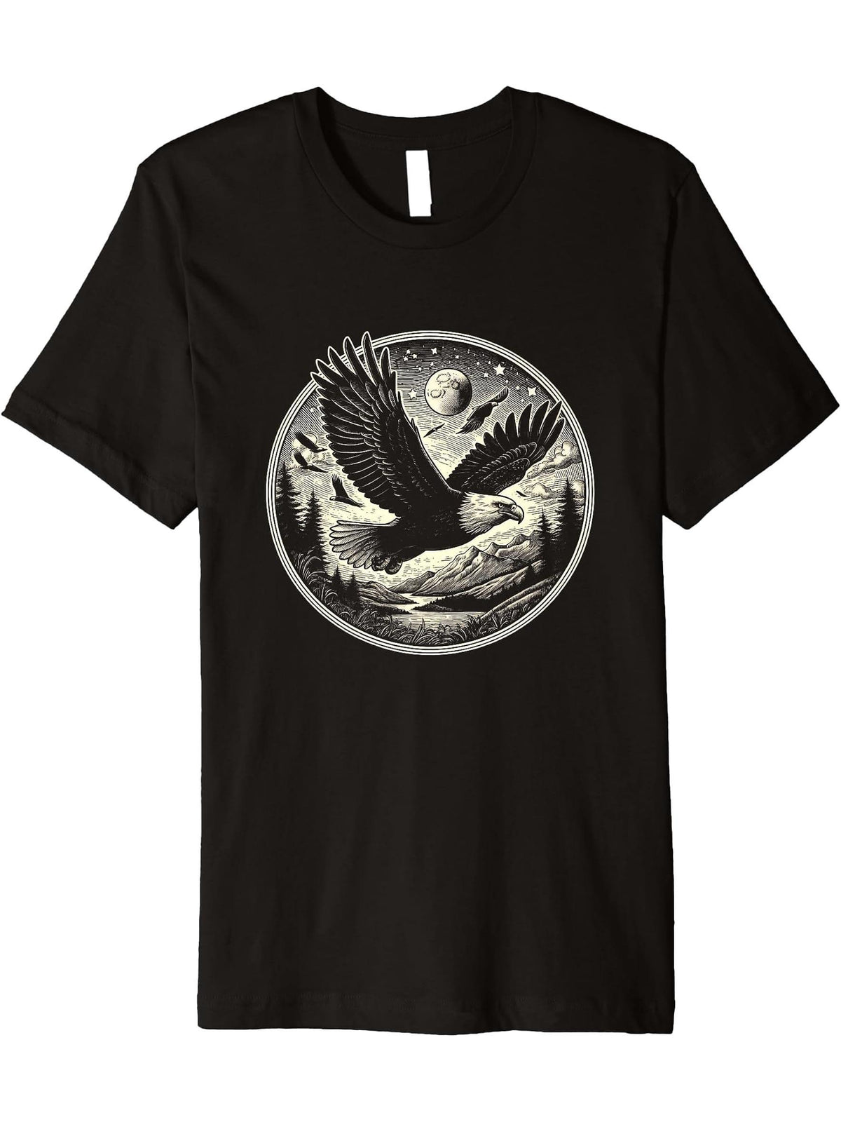 Flying Bald Eagle Graphic Art Design Premium T-Shirt 180G 100% Cotton Printed Round Neck Short-Sleeve T-Shirt, Gifts for Men Dad Husband Grandpa, S-XXXL, Black