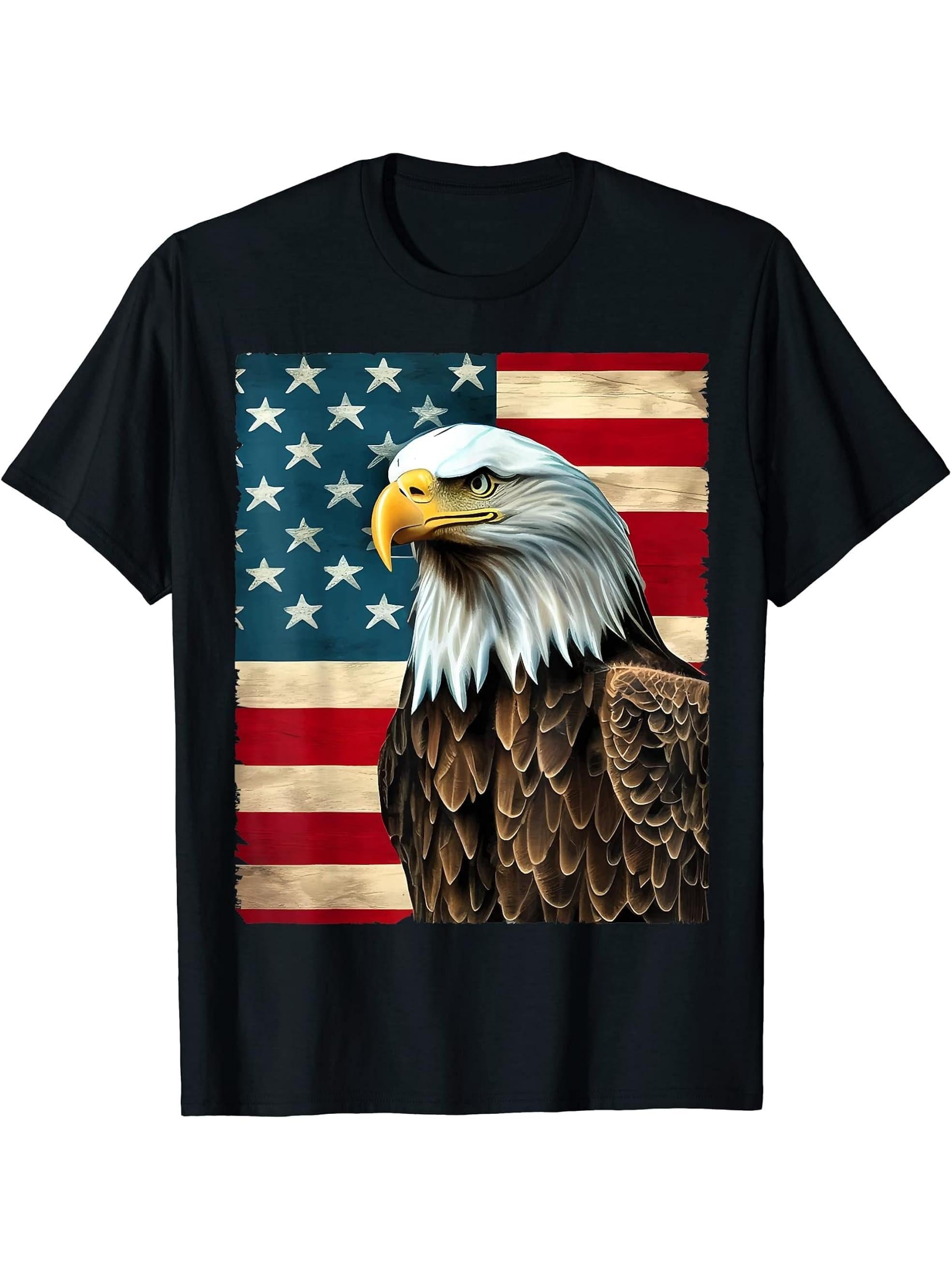 America Bald Eagle 4th of July USA Flag T-Shirt 180G 100% Cotton Printed Round Neck Short-Sleeve T-Shirt, Gifts for Men Dad Husband Grandpa, S-XXXL, Black