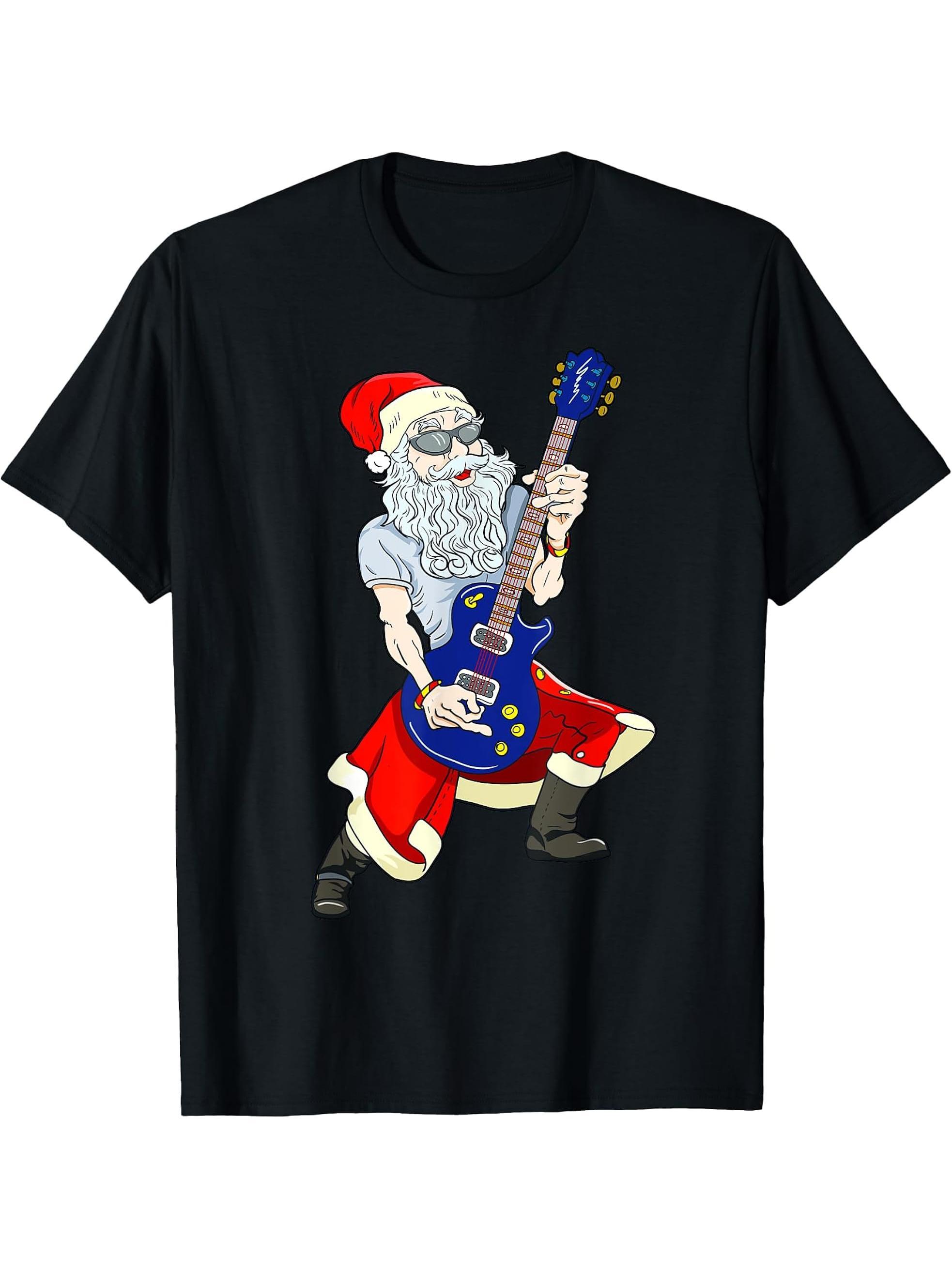 Santa Guitar Player Guitarist Rock Musician T-Shirt 180G 100% Cotton Printed Round Neck Short-Sleeve T-Shirt, Gifts for Men Dad Husband Grandpa, S-XXXL, Black