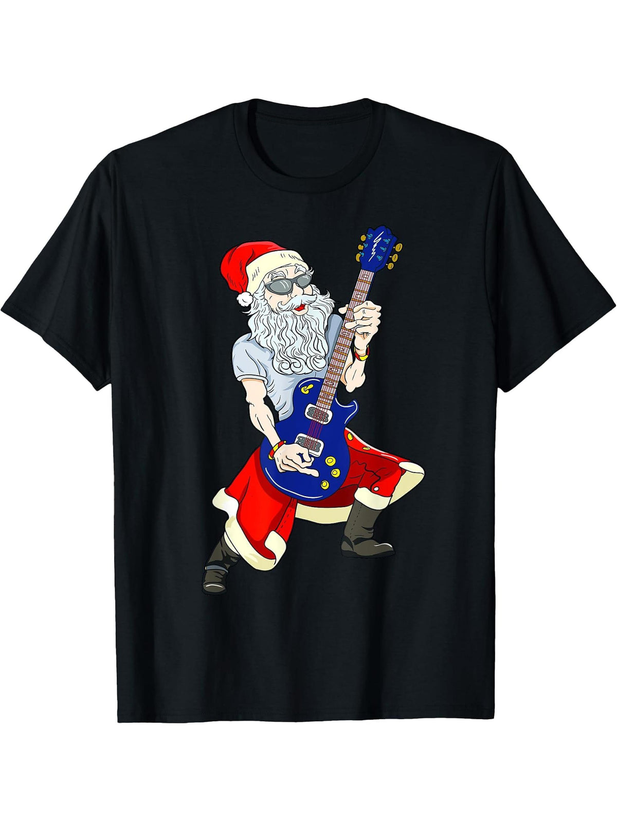 Santa Guitar Player Guitarist Rock Musician T-Shirt 180G 100% Cotton Printed Round Neck Short-Sleeve T-Shirt, Gifts for Men Dad Husband Grandpa, S-XXXL, Black
