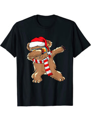 Dabbing Bear Santa Christmas for Boys Boy Girl Girls Xmas Dab T-Shirt 180G 100% Cotton Printed Round Neck Short-Sleeve T-Shirt, Gifts for Men Dad Husband Grandpa, S-XXXL, Black