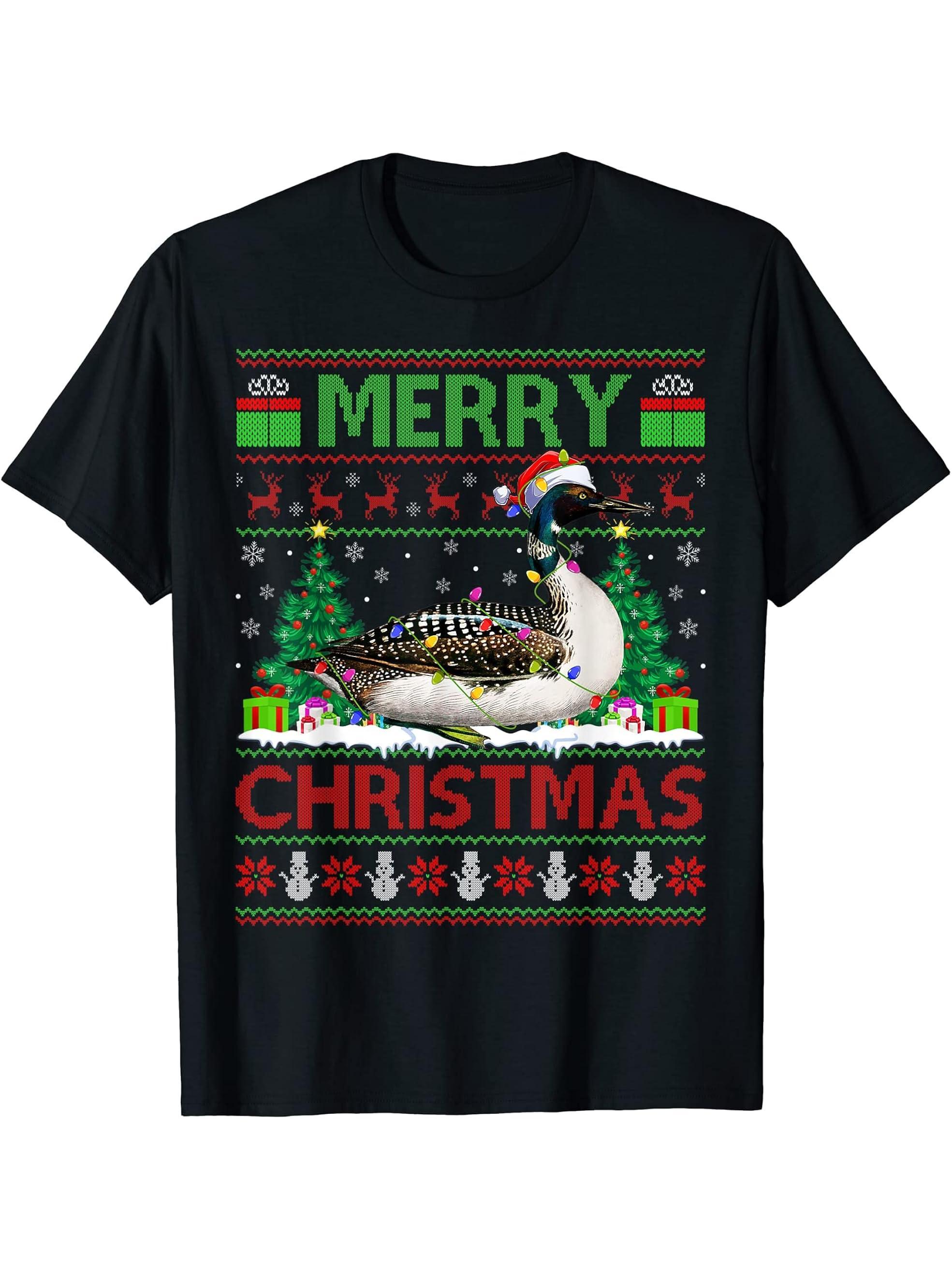 Loon Bird Lover Xmas Lighting Santa Ugly Loon Christmas T-Shirt 180G 100% Cotton Printed Round Neck Short-Sleeve T-Shirt, Gifts for Men Dad Husband Grandpa, S-XXXL, Black