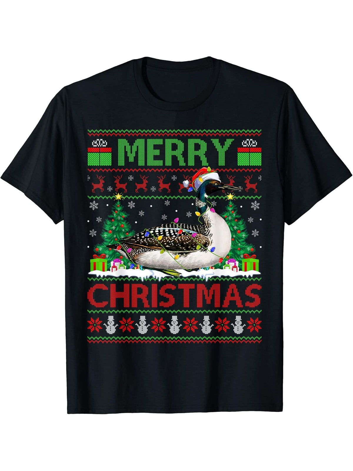 Loon Bird Lover Xmas Lighting Santa Ugly Loon Christmas T-Shirt 180G 100% Cotton Printed Round Neck Short-Sleeve T-Shirt, Gifts for Men Dad Husband Grandpa, S-XXXL, Black