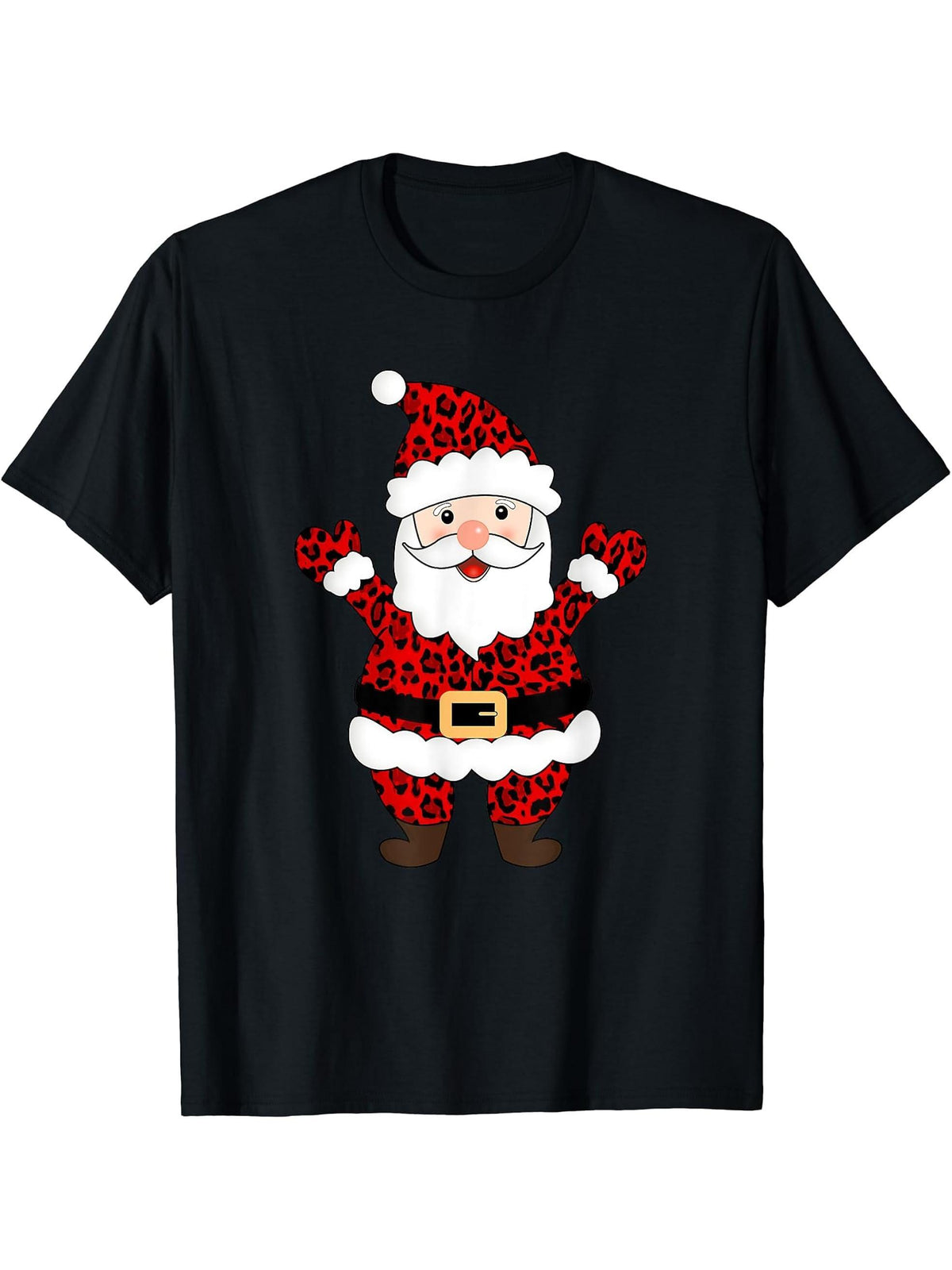 Animal Leopard Print Santa Claus Christmas Funny Xmas T-Shirt 180G 100% Cotton Printed Round Neck Short-Sleeve T-Shirt, Gifts for Men Dad Husband Grandpa, S-XXXL, Black