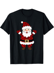 Animal Leopard Print Santa Claus Christmas Funny Xmas T-Shirt 180G 100% Cotton Printed Round Neck Short-Sleeve T-Shirt, Gifts for Men Dad Husband Grandpa, S-XXXL, Black