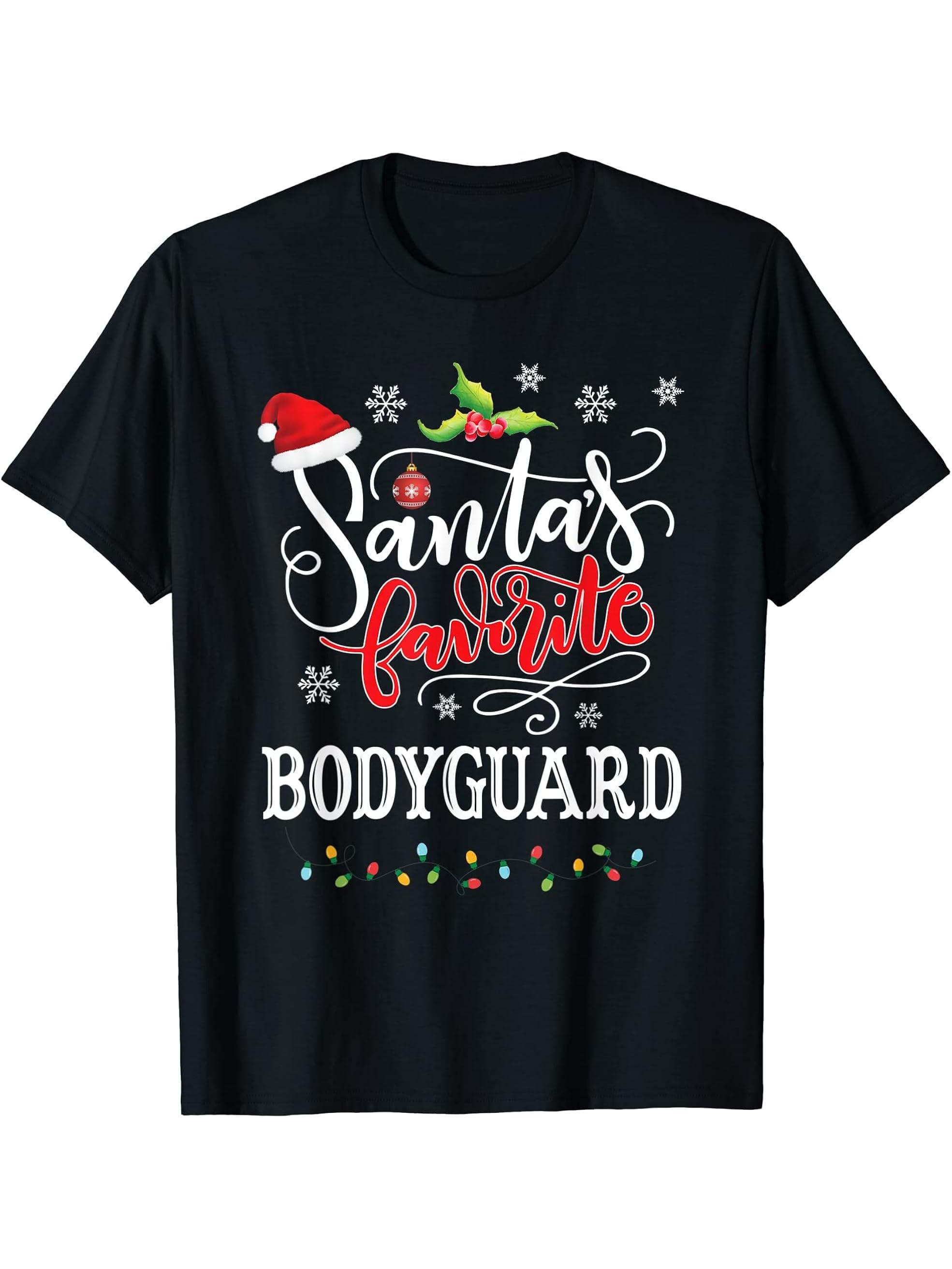 Santa's Favorite Bodyguard Christmas Bodyguard's Xmas T-Shirt 180G 100% Cotton Printed Round Neck Short-Sleeve T-Shirt, Gifts for Men Dad Husband Grandpa, S-XXXL, Black