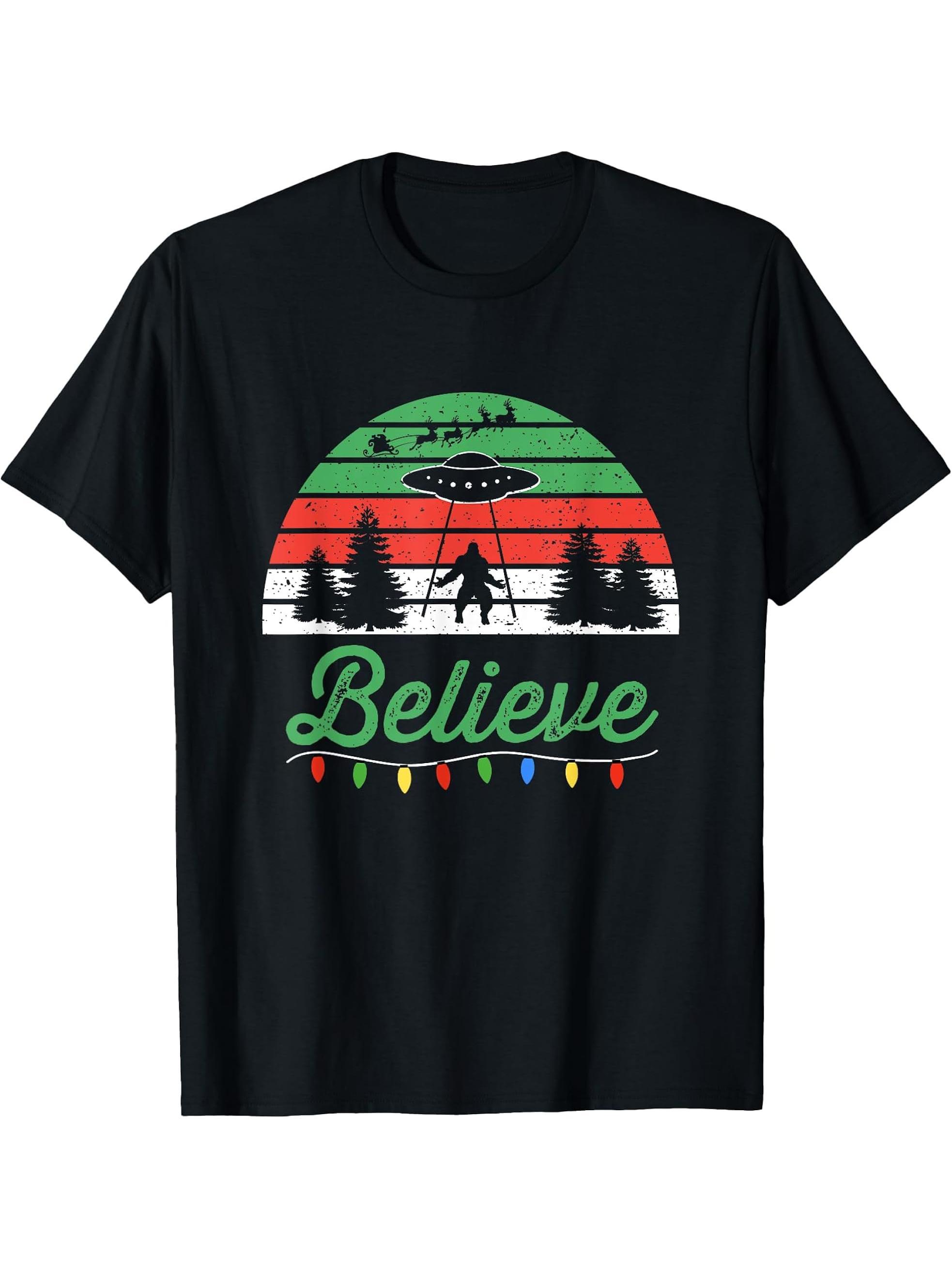 Bigfoot Believe UFO Aliens Santa Claus Reindeer Christmas T-Shirt 180G 100% Cotton Printed Round Neck Short-Sleeve T-Shirt, Gifts for Men Dad Husband Grandpa, S-XXXL, Black