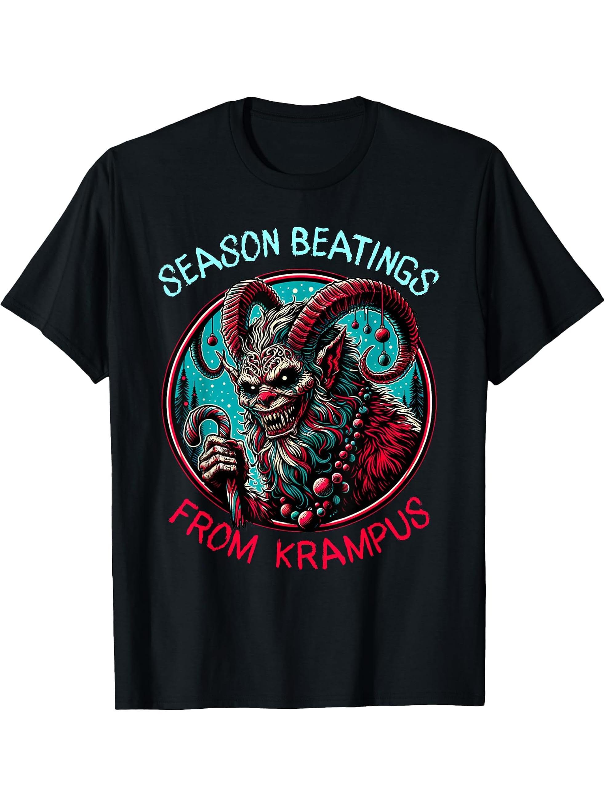 Season Beatings From Krampus Dark Holiday Horror Anti-Santa T-Shirt 180G 100% Cotton Printed Round Neck Short-Sleeve T-Shirt, Gifts for Men Dad Husband Grandpa, S-XXXL, Black