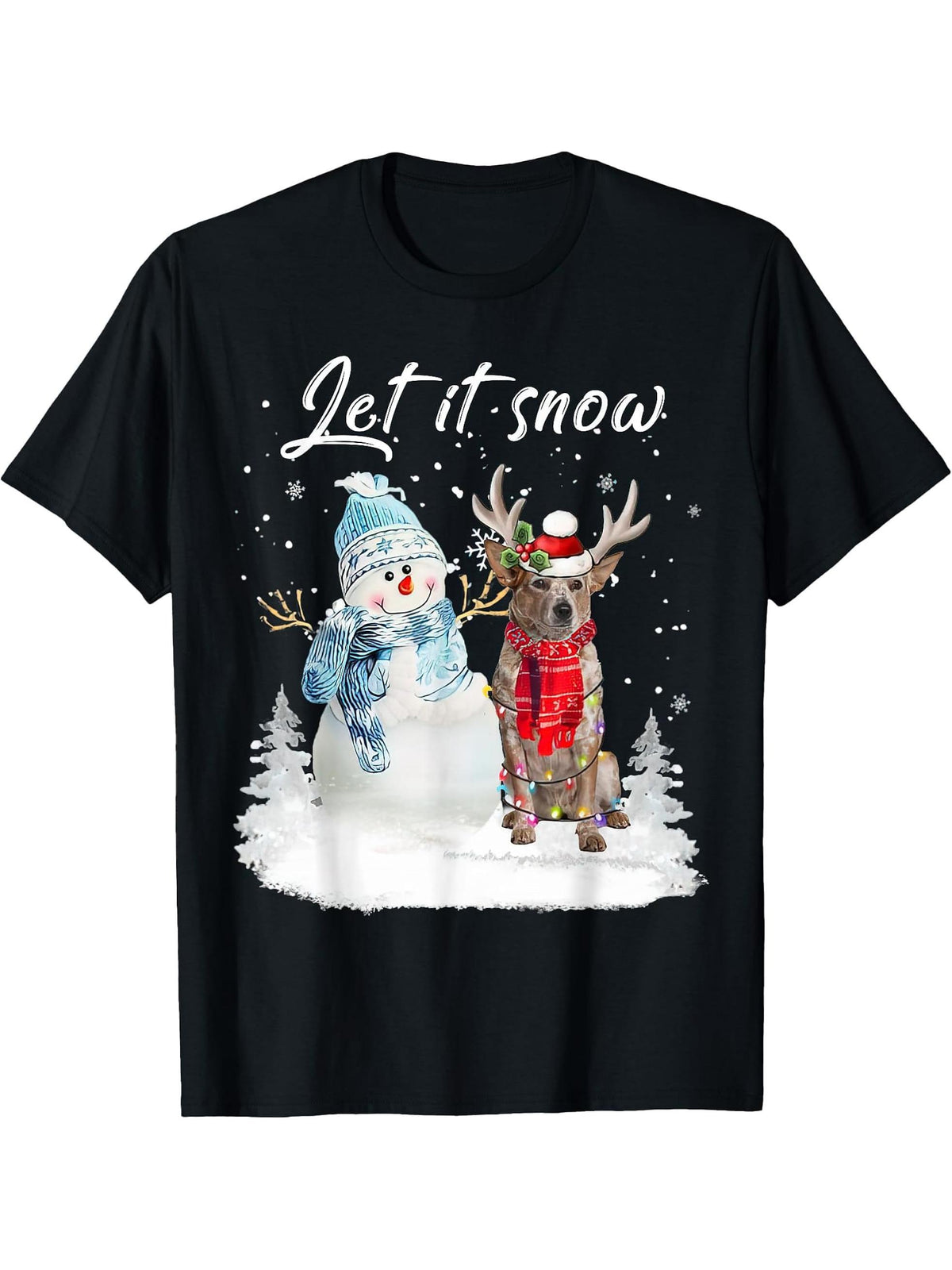 Heeler Santa Dog Christmas Snowman Xmas Pajama T-Shirt 180G 100% Cotton Printed Round Neck Short-Sleeve T-Shirt, Gifts for Men Dad Husband Grandpa, S-XXXL, Black