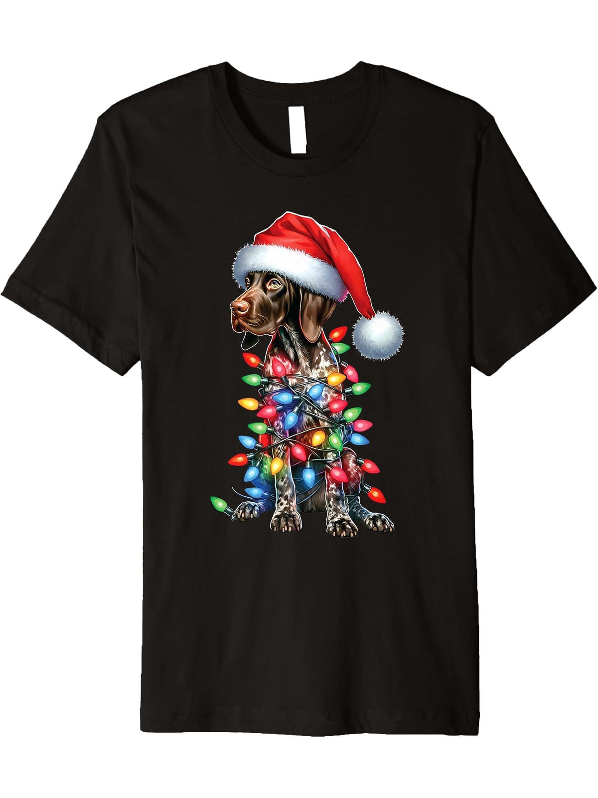 German Shorthaired PointerDog Lovers Santa Hat Christmas Premium T-Shirt 180G 100% Cotton Printed Round Neck Short-Sleeve T-Shirt, Gifts for Men Dad Husband Grandpa, S-XXXL, Black