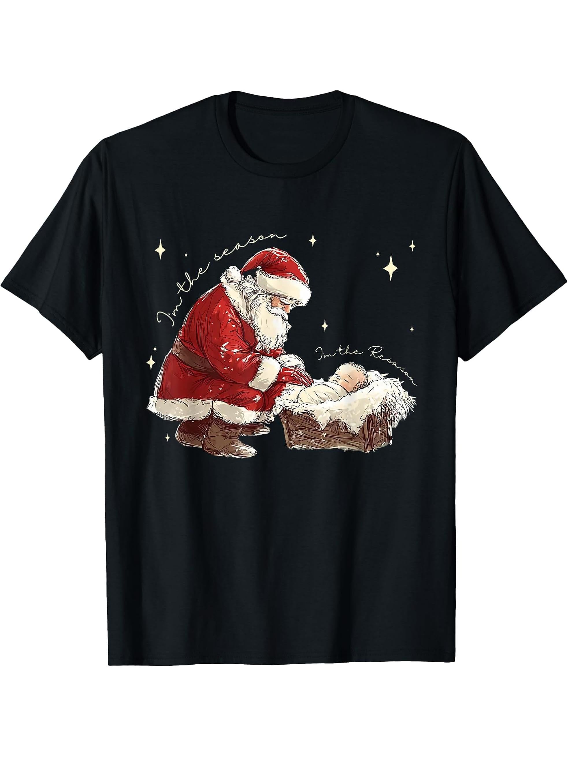 Retro I'm The Season Im The Reason Santa Religious Christmas T-Shirt 180G 100% Cotton Printed Round Neck Short-Sleeve T-Shirt, Gifts for Men Dad Husband Grandpa, S-XXXL, Black