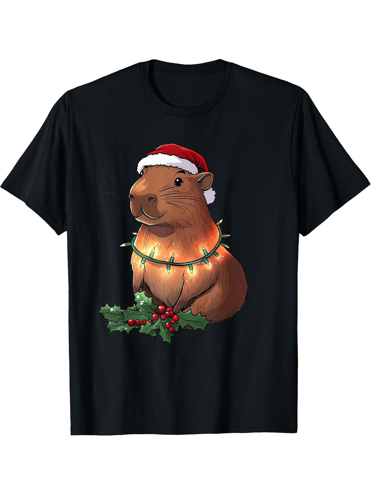 Funny Capybara Santa Hat Christmas Tree Light Xmas Capybara T-Shirt 180G 100% Cotton Printed Round Neck Short-Sleeve T-Shirt, Gifts for Men Dad Husband Grandpa, S-XXXL, Black
