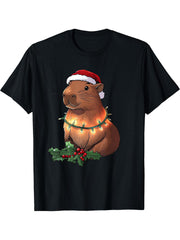 Funny Capybara Santa Hat Christmas Tree Light Xmas Capybara T-Shirt 180G 100% Cotton Printed Round Neck Short-Sleeve T-Shirt, Gifts for Men Dad Husband Grandpa, S-XXXL, Black